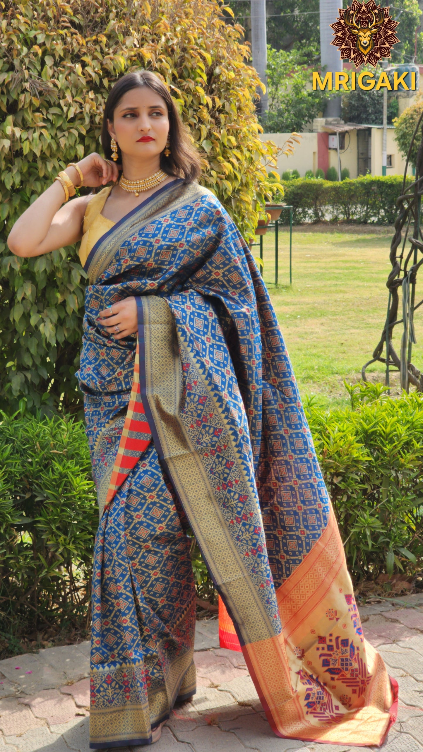 Warm Silk Saree in Dark Blue color with Red contrast, Patola print All over & on Pallu