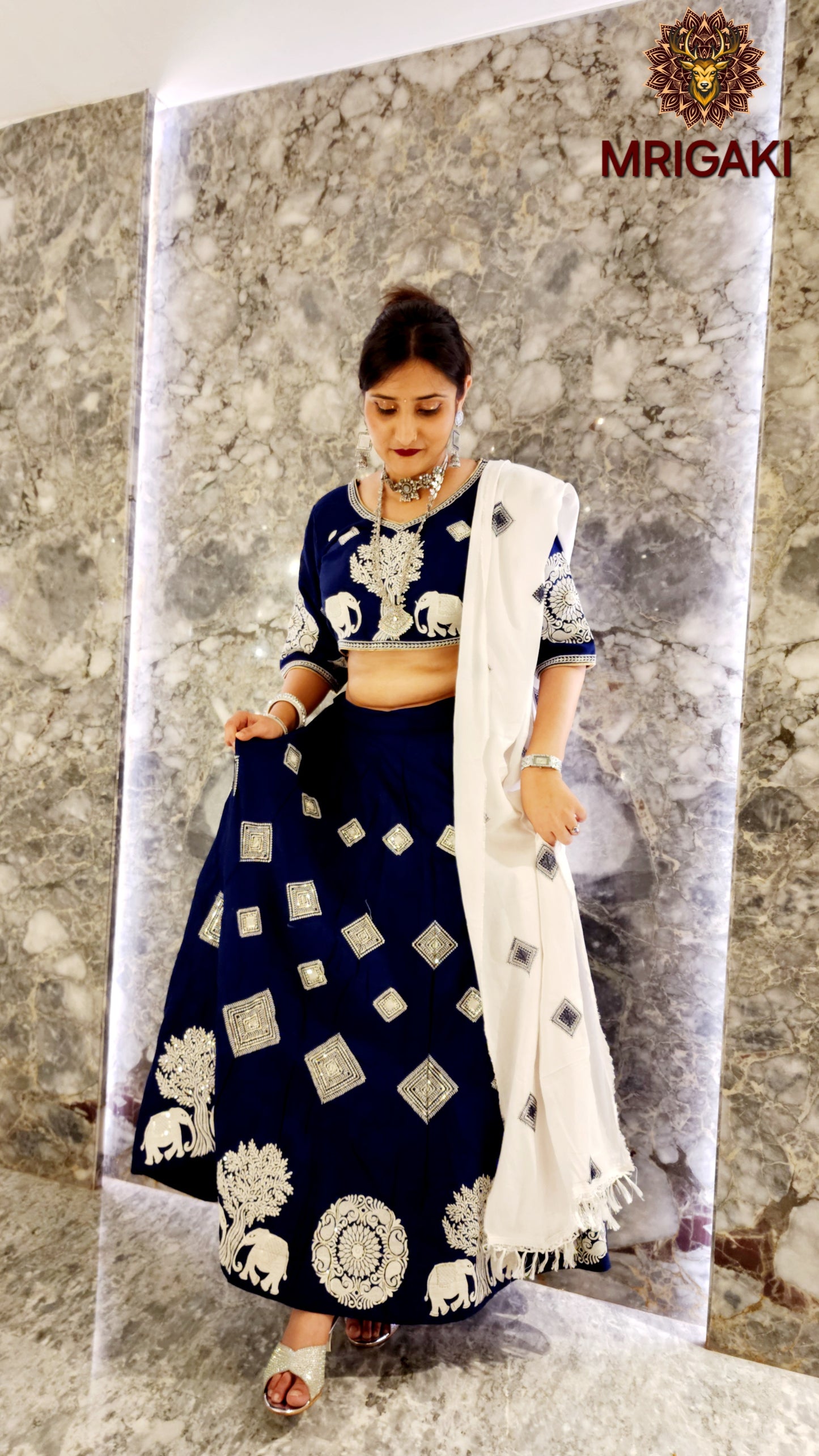 Women's Designer Trending Rajasthani Lahenga Choli with Elephant design thread work in Royal Blue White contrast colors
