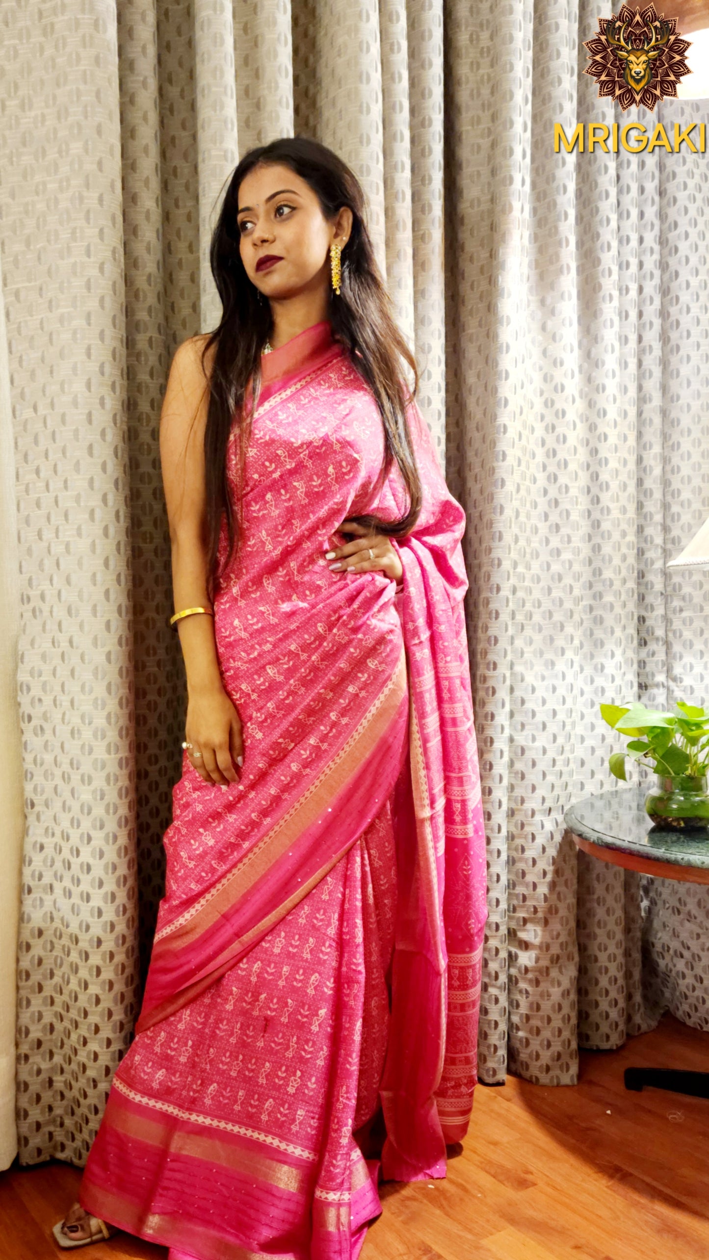 Pink Color Sequence Warli Print Chiffon Saree with woven border & printed blouse-piece