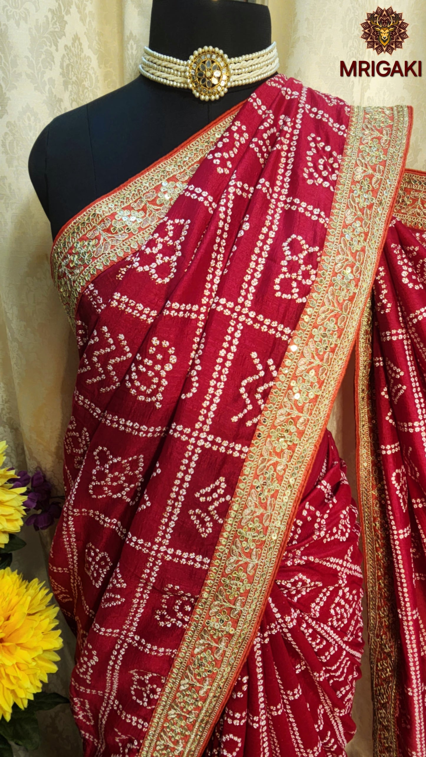 Pink color Bandhej Saree with gotta border & designer unstitched blouse piece
