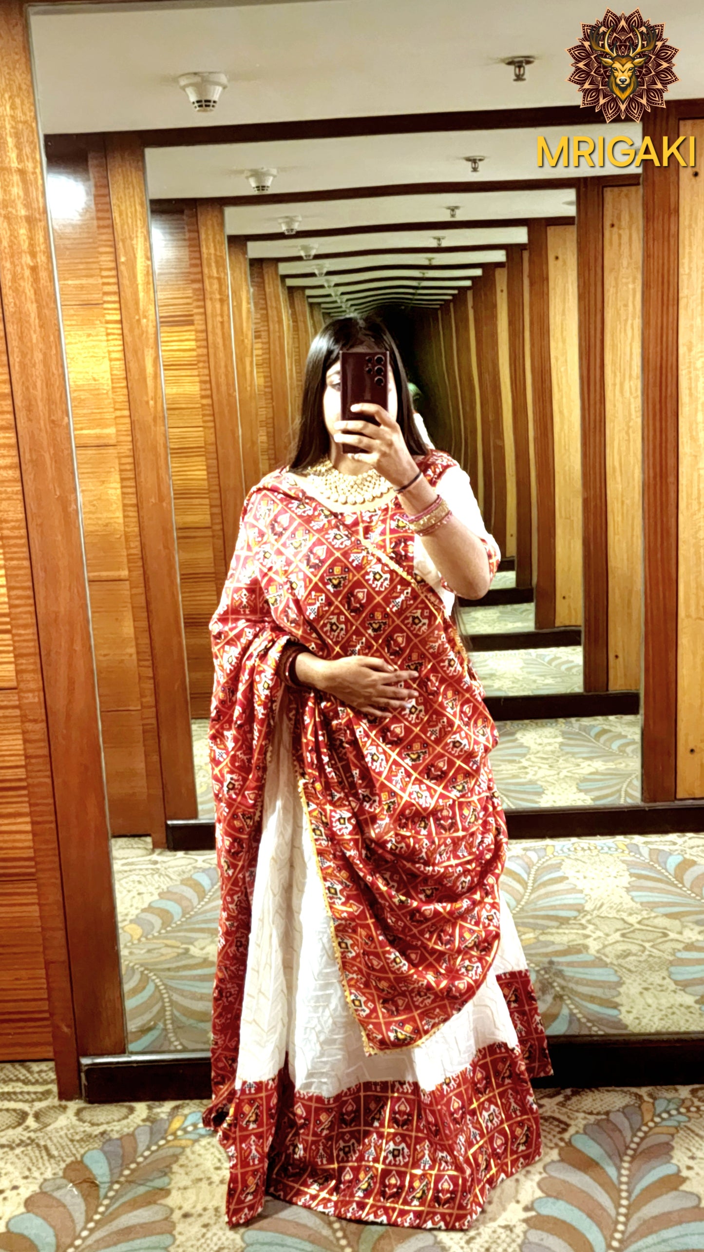 Pure Rayon Cotton Gujrati Patola print patch work border Lahenga Choli in Red & White contrast colors with Dupatta
