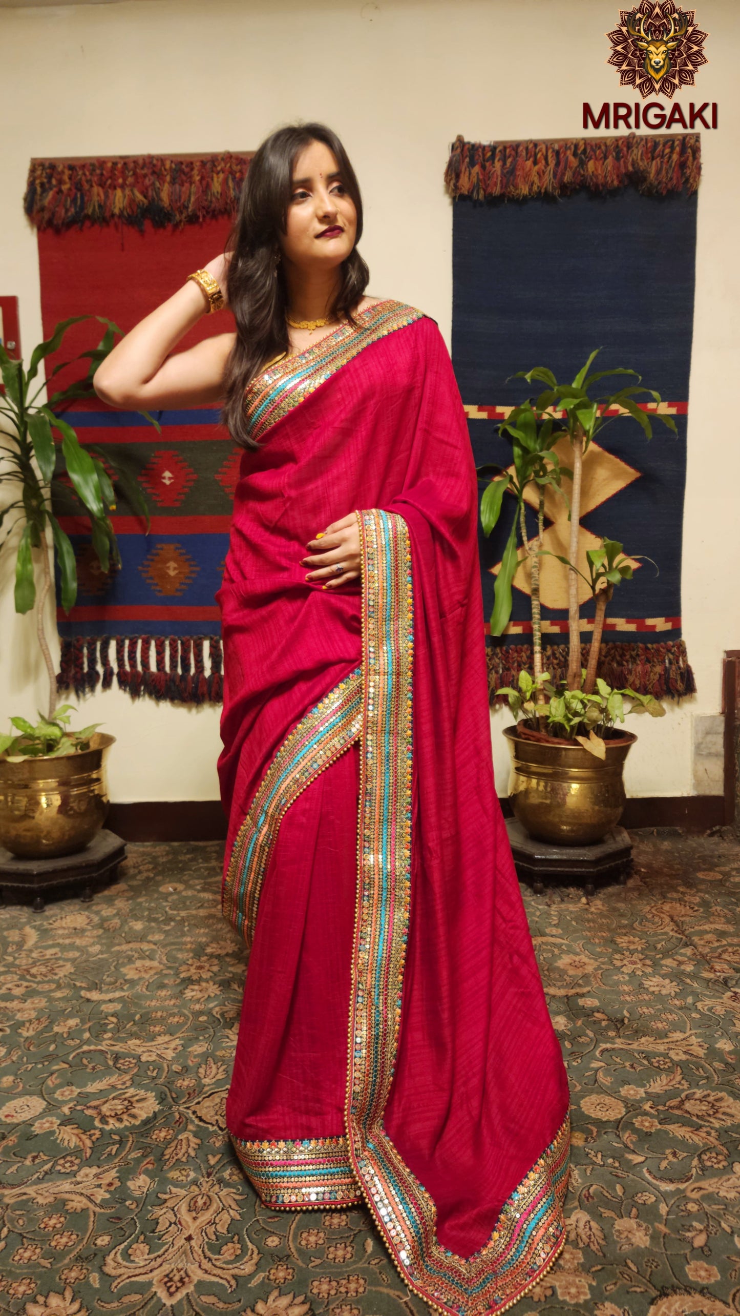 Pure Georgette Rani Pink Plain saree with multi-color Embroidered lining all-over borders