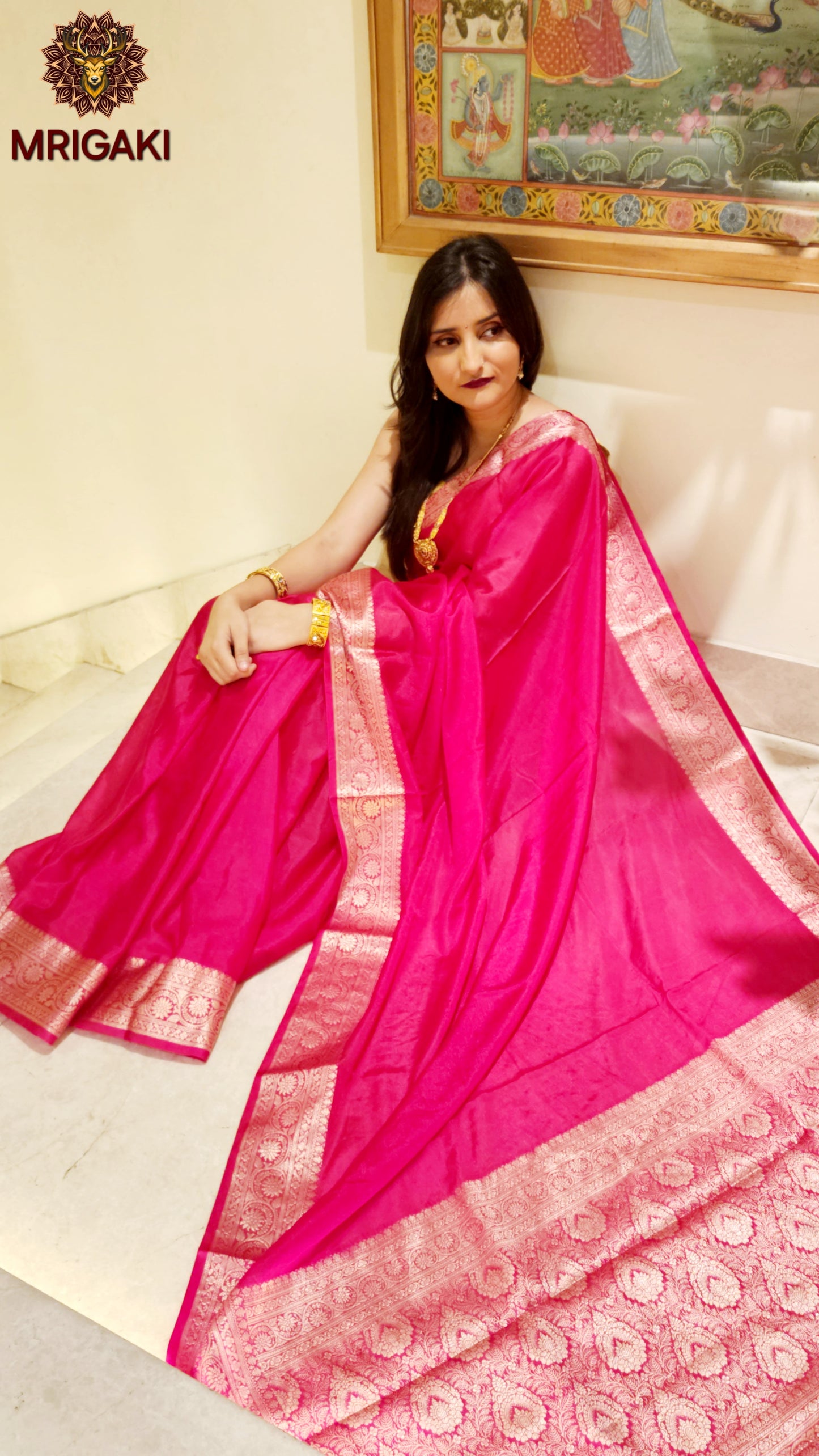 Soft Silk Plain Rani pink color Banarasi Saree with Silver color Zari border & Pallu