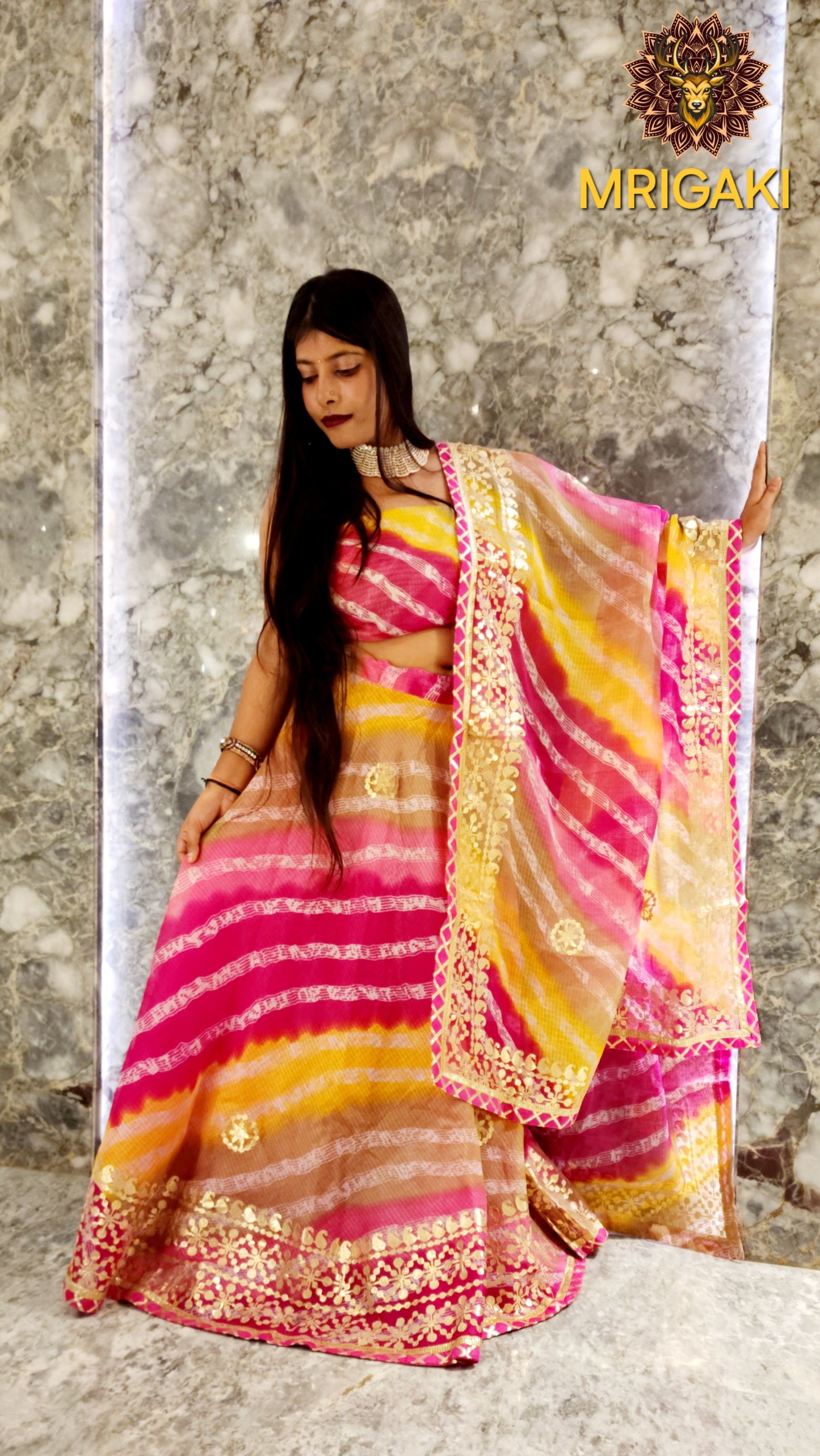 Rajasthani Laheriya pattern Multi-color Kota Doria Lahenga with Dupatta