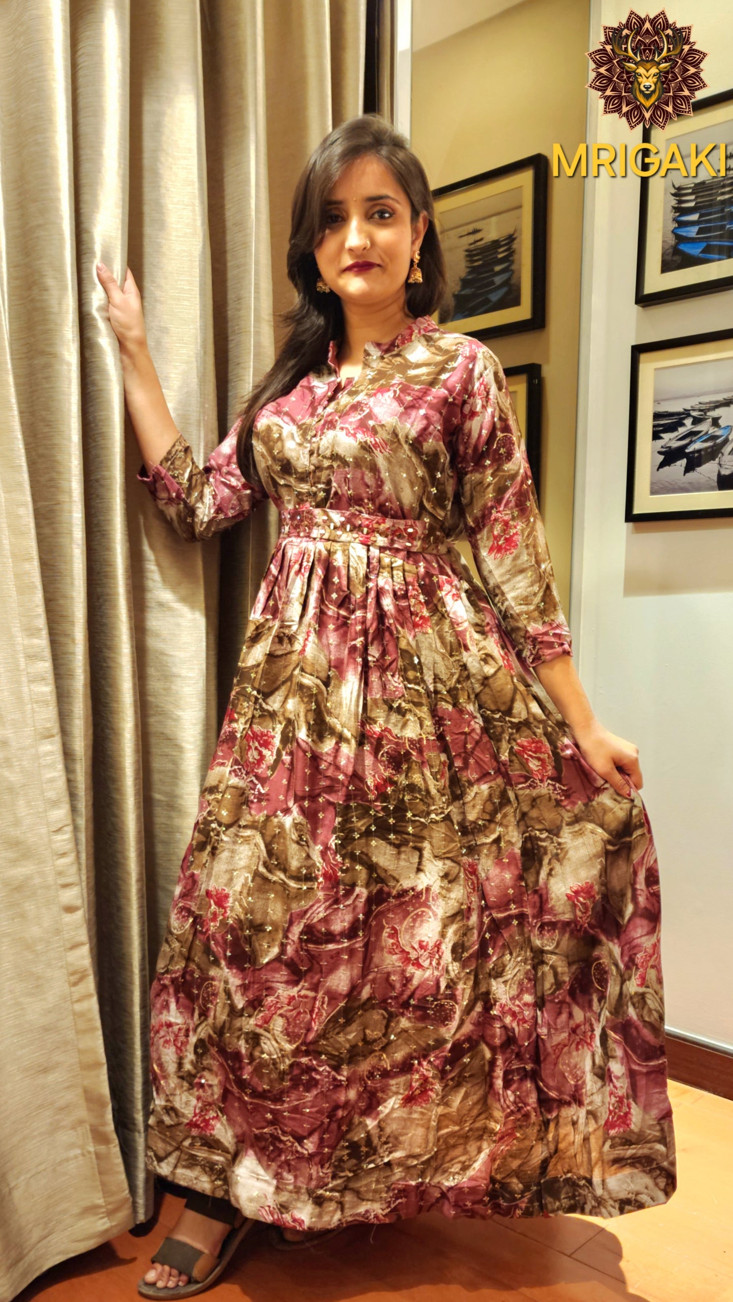 Purple Base GULKANYA Style Premium Floral Gown with Belt