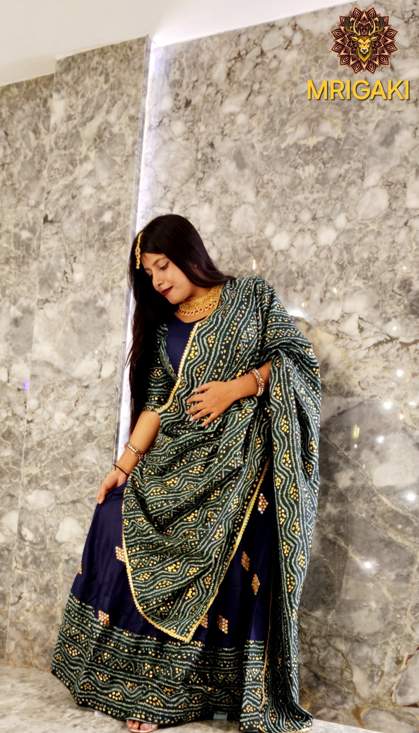 Rajasthani Elegant Mirror work Bandhani Lehenga Choli in Rama Green & Royal blue contrast colors, with Dupatta