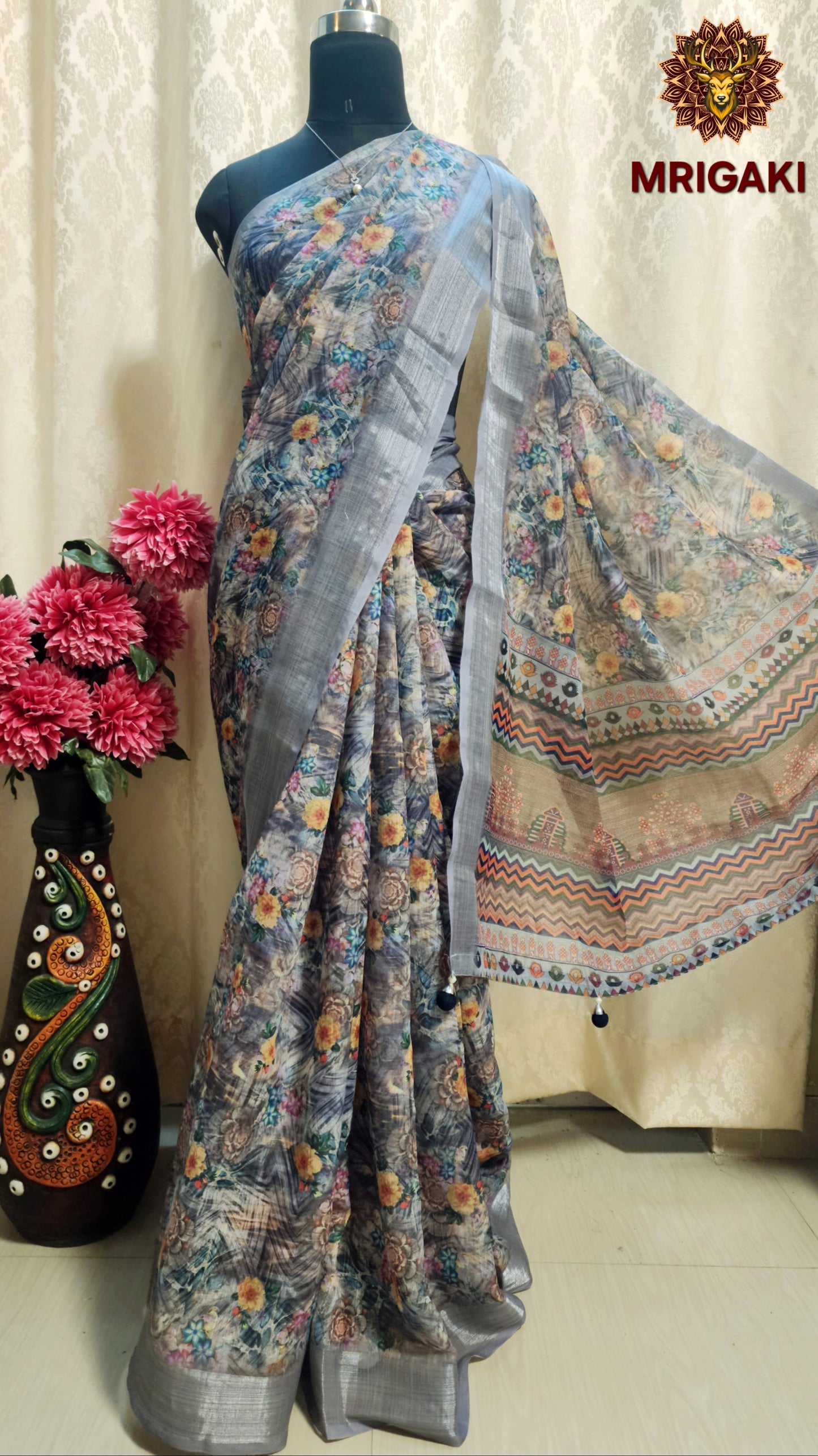 Abalone Grey Linen Saree with Multicolor Digital Print