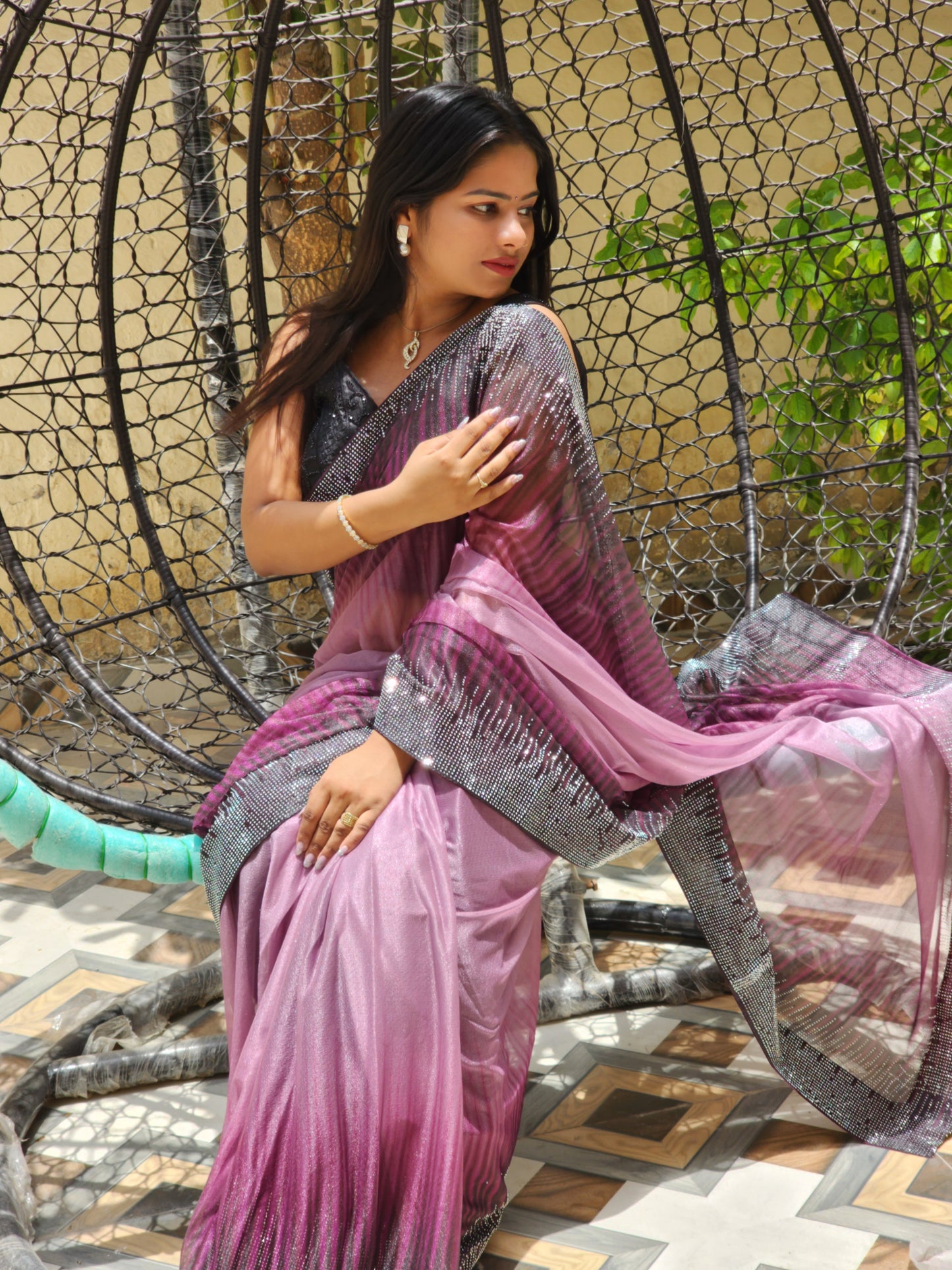 Maroon Black contrast Lycra Saree Double Shaded with Light Diamond work