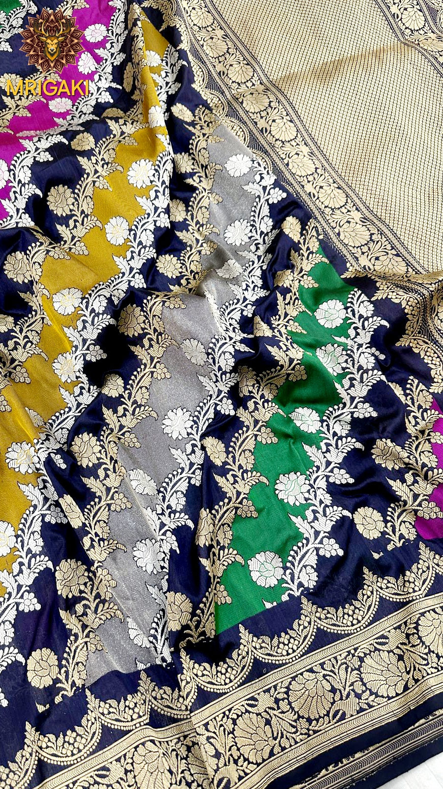 (Only on Pre-Order) Pure Katan Silk Handloom Dark colors combo Laheriya pattern Rangkat Banarasi Saree with Minakari work on borders & pallu