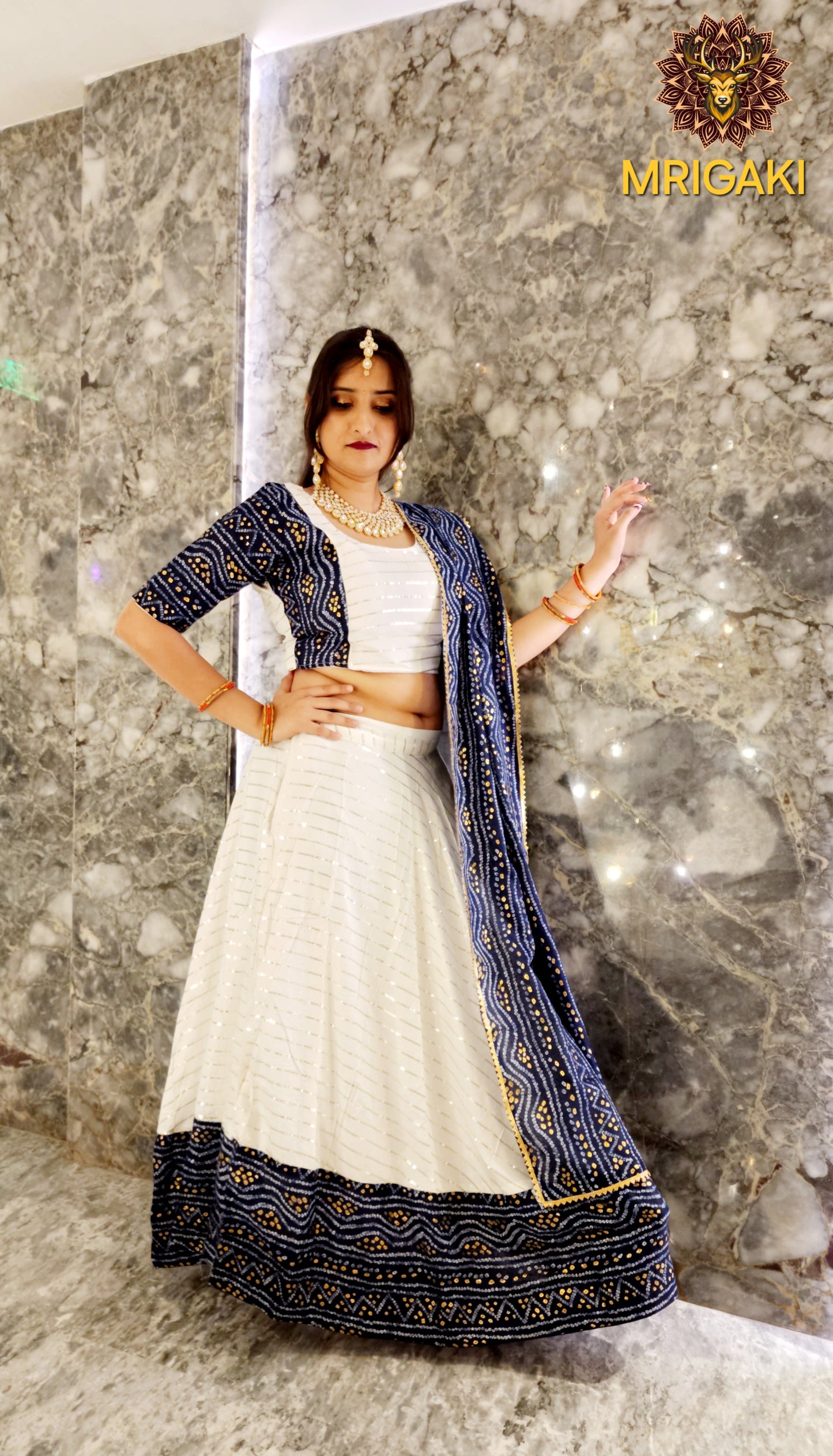 Rajasthani Embroidery Handwork Festive special Chaniya Choli with Dupatta in Royal Blue & White contrast colors