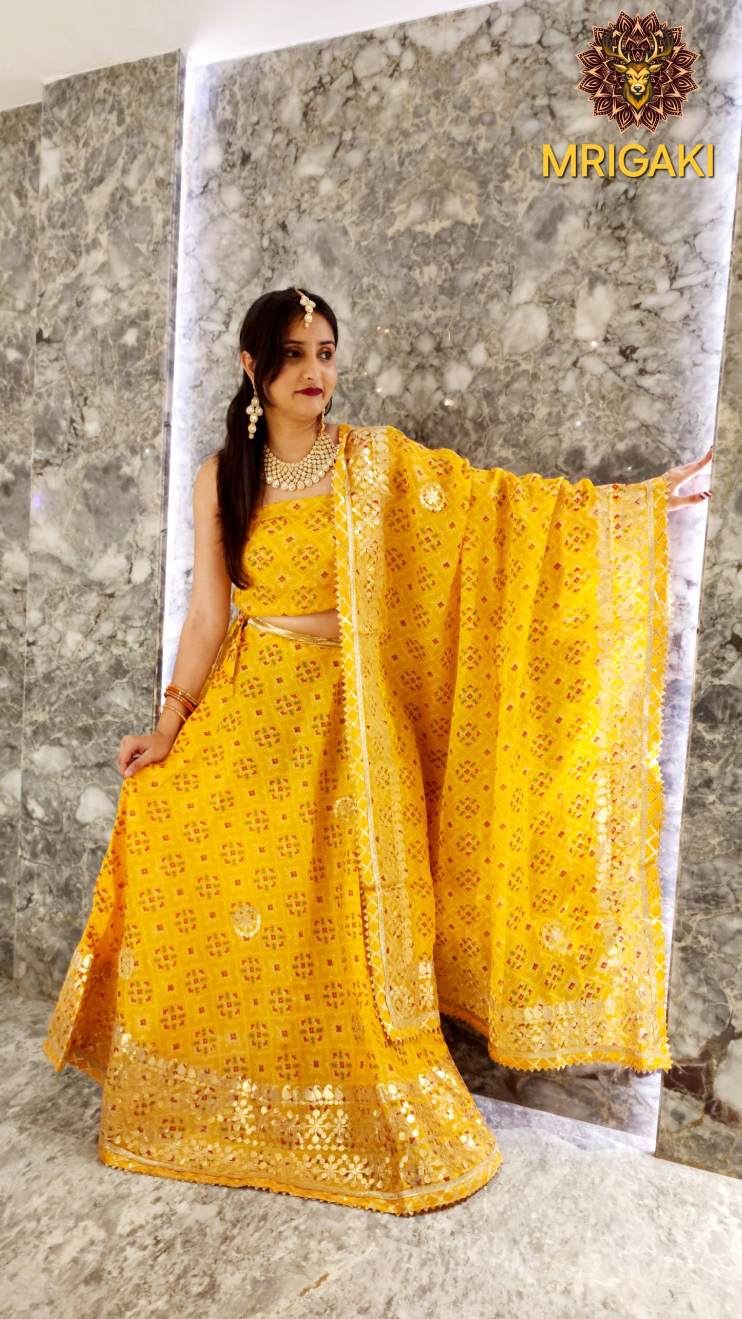 Rajasthani Bandhani Print Yellow color Kota Doria Lahenga with Dupatta