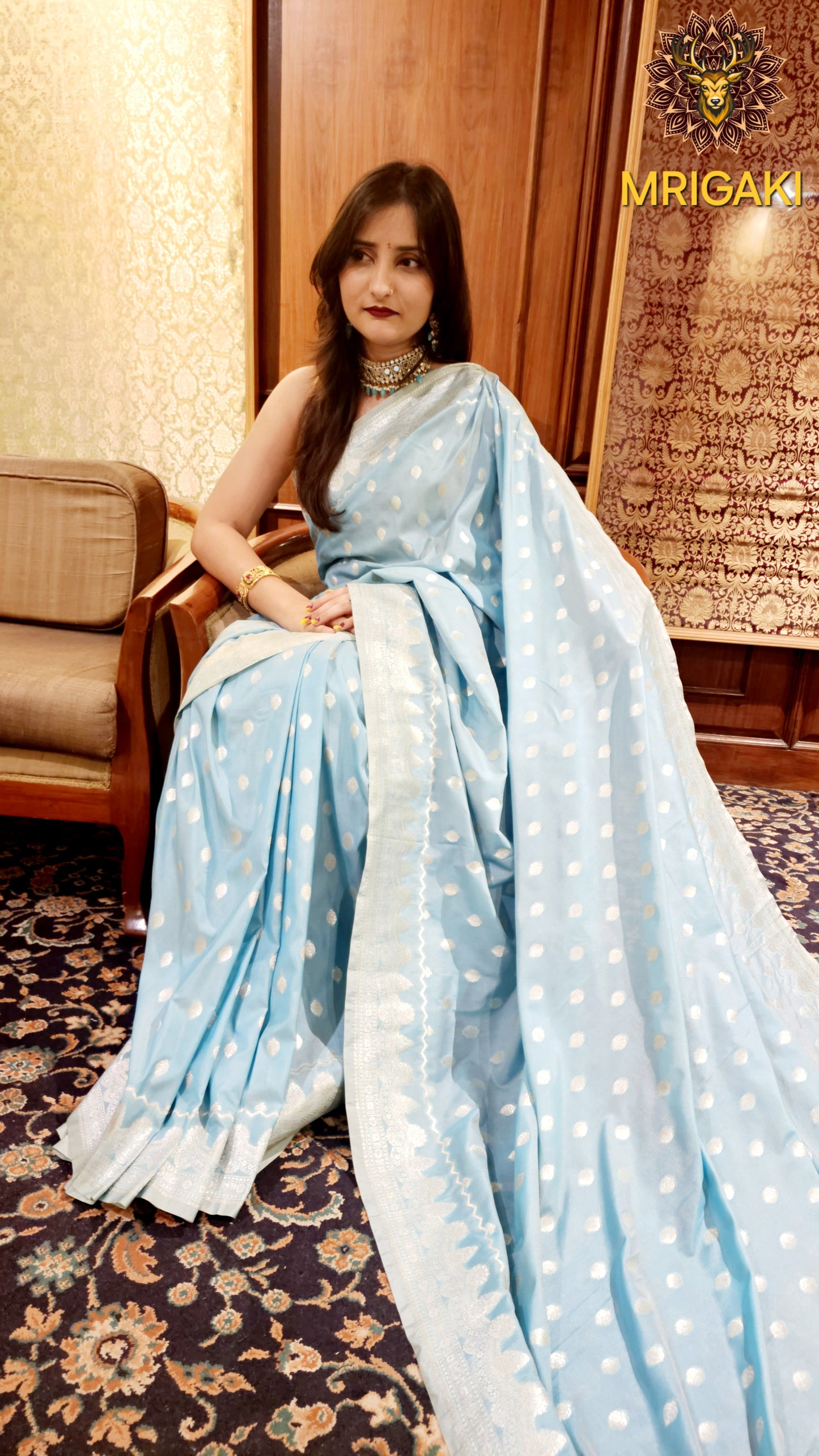 Silk Georgette Sky Blue Saree with Handwoven Silver butti all-over with Minakari & Zari work