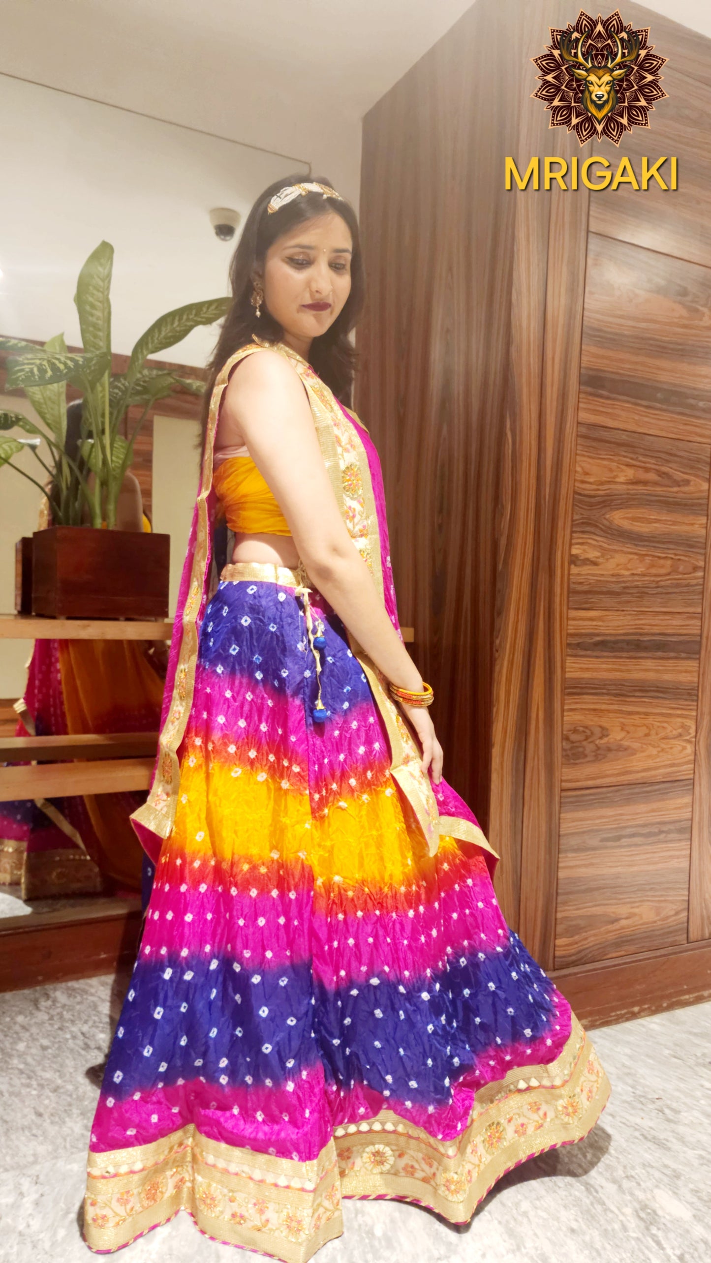 Gota patti Embellished Rajasthani Bandhani Semi-stitched Lahenga Choli in Yellow, Royal blue & Pink contrast colors