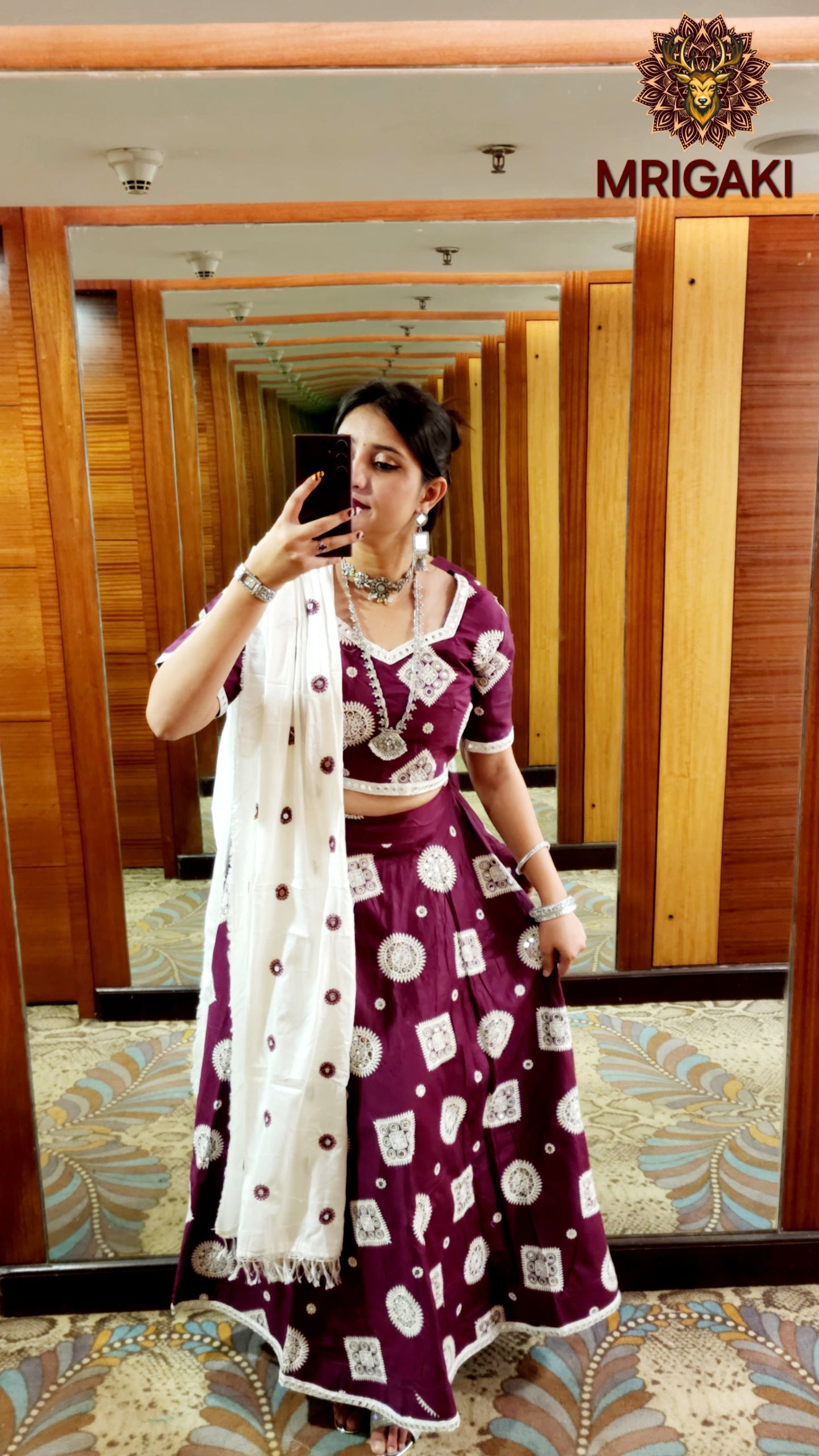 Women's Designer Trending Rajasthani Lahenga Choli with Geometrical design thread work in Maroon White contrast colors
