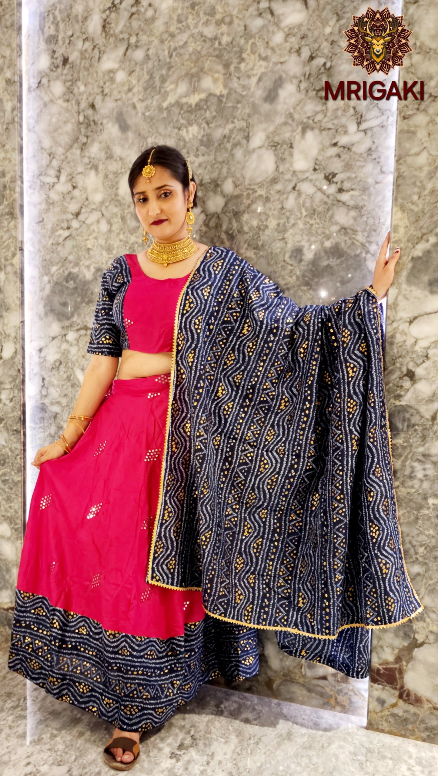 Rajasthani Elegant Mirror work Bandhani Lehenga Choli in Rani pink & Royal blue contrast colors, with Dupatta