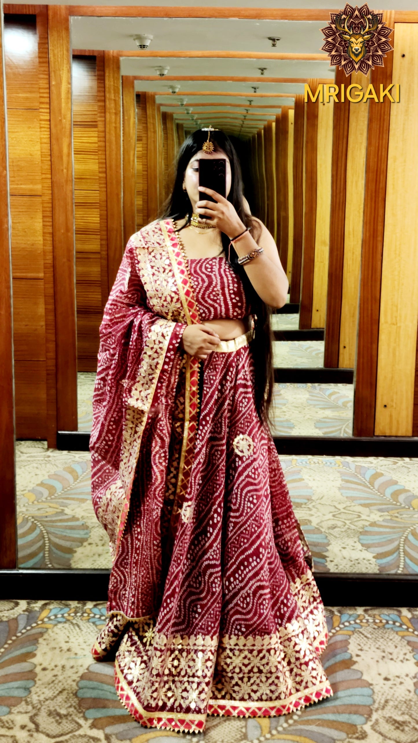 Rajasthani Bandhani Print Maroon color Kota Doria Lahenga with Dupatta