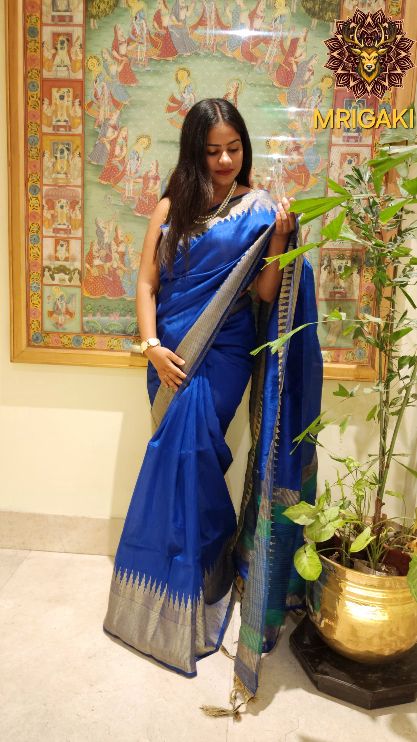 Royal Blue Color Pure Silk Cotton Ahilya Saree with Wavy Temple Saree Zari Border