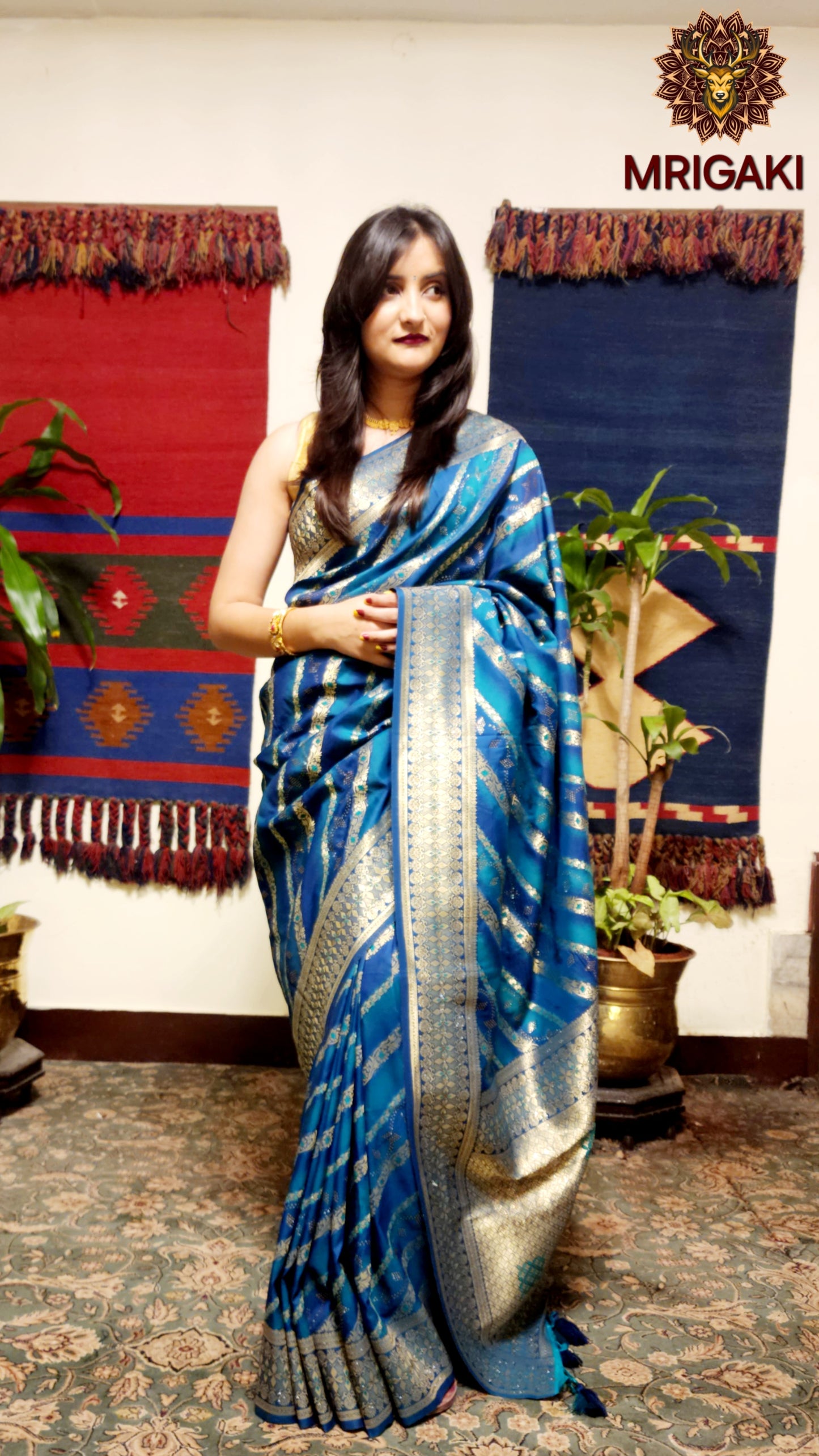 Laheriya pattern Dupion Silk saree with Contrast Blue colors & golden zari intricate work on borders & pallu