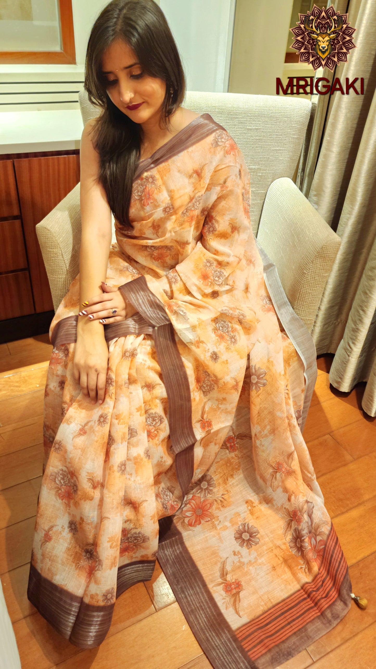 Light Brown Base Linen Saree with digital print Flowers design all-over, dark brown border