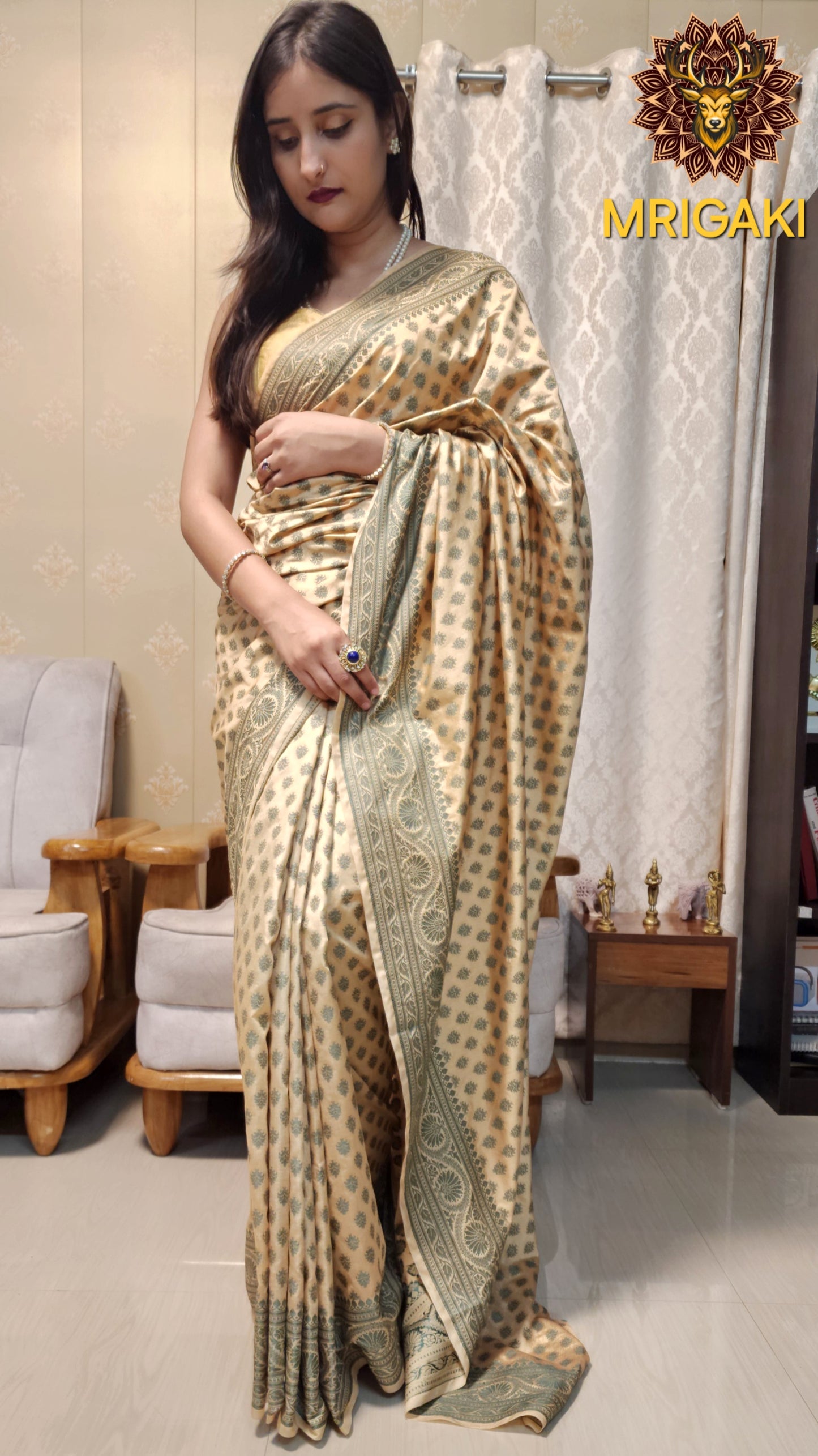 Pure Dupion Silk Resham Butti Handwoven Banarasi Saree with Olive green contrast border