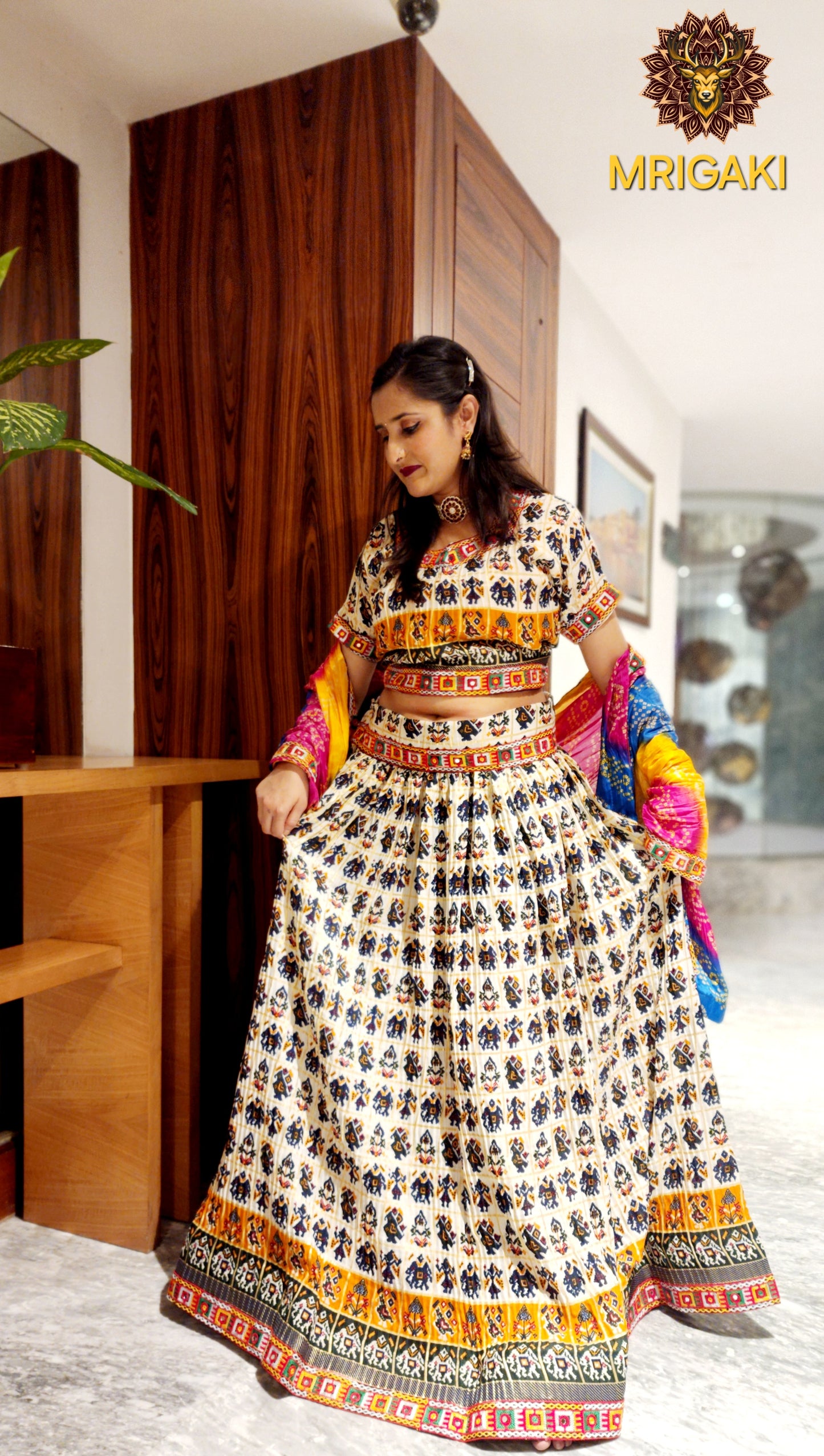 Cream Cotton Multi-color Satin digital print Navratri Special Lahenga Choli