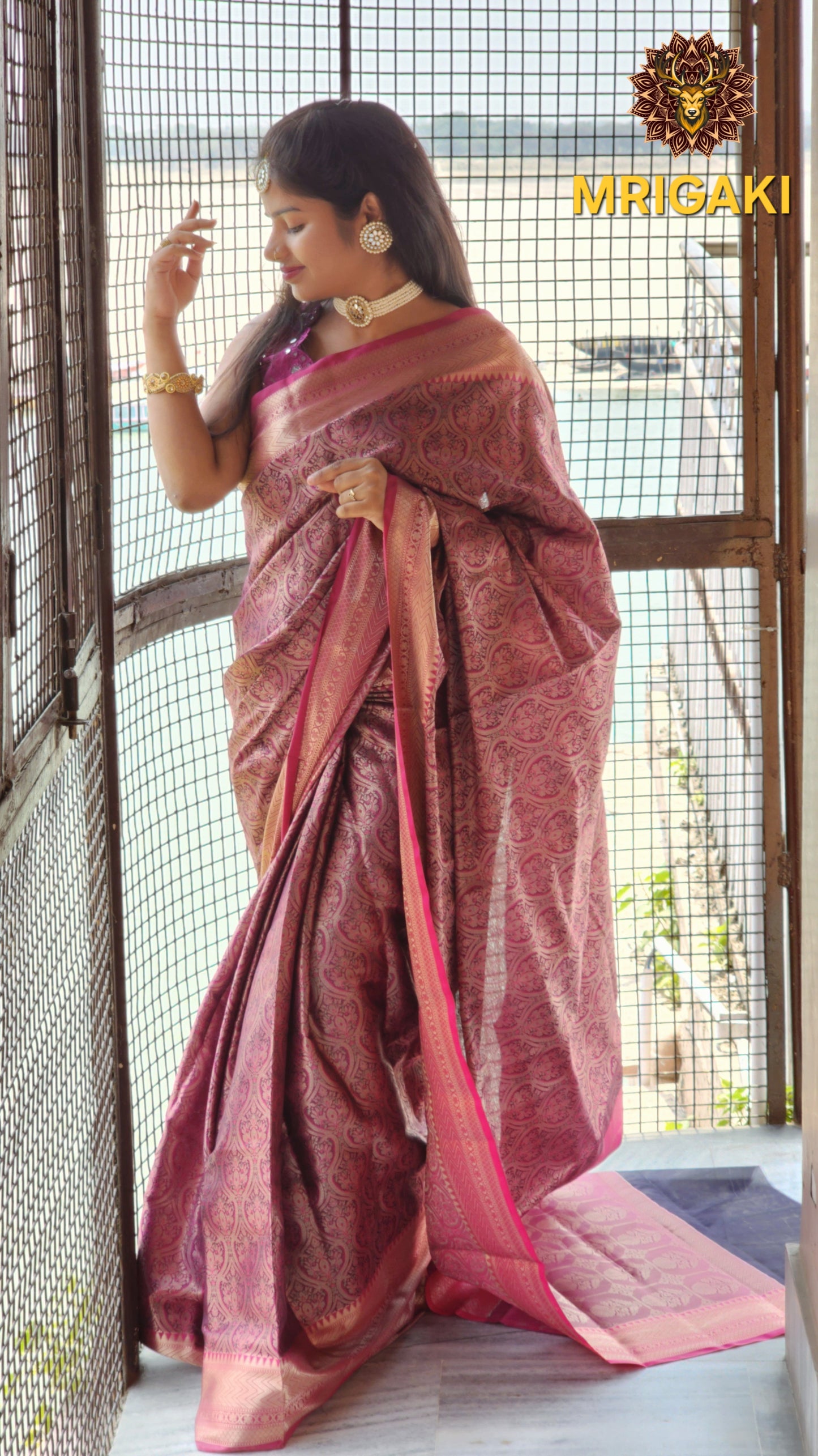 Minakari Tanchoi Semi-Katan Silk Easy drape Rani Pink Saree with Designer blouse