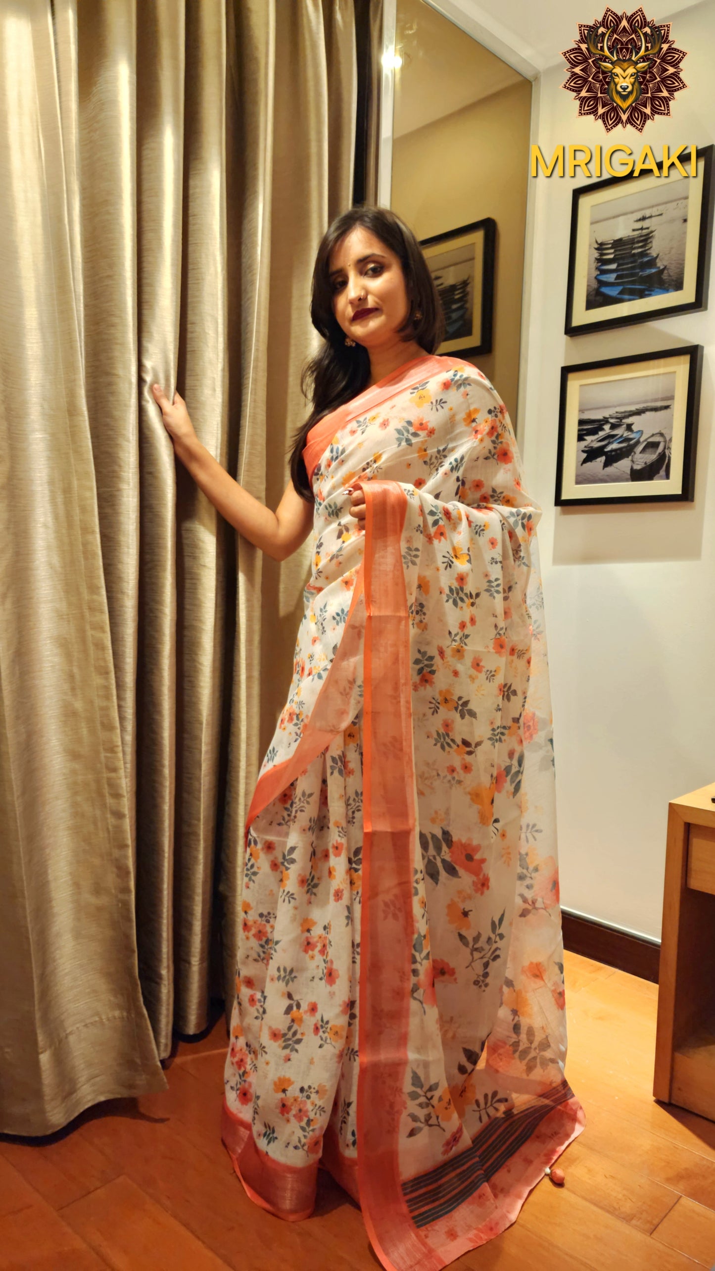 Light Brown Base Linen Saree with 3D Flowers digital print all-over, Brown border with Pom-Pom on pallu