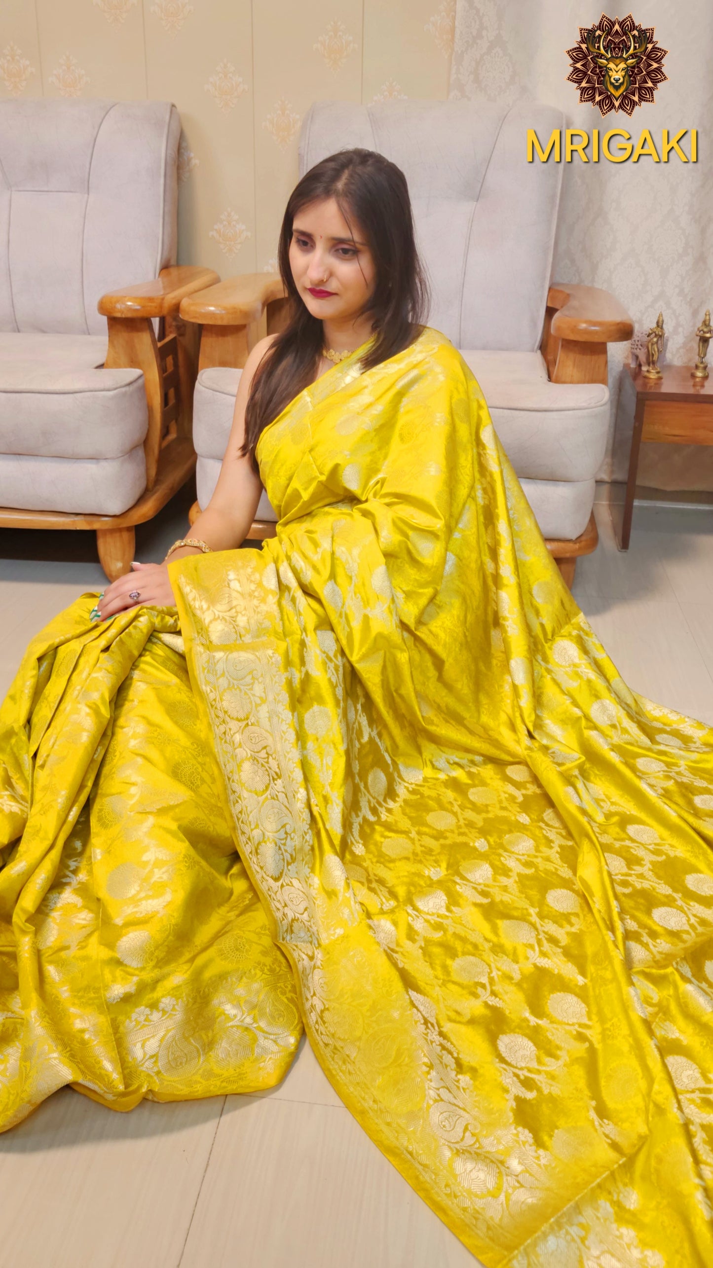 Yellow color Pure Dupion Silk Banarasi Saree with Silver Jaal all over