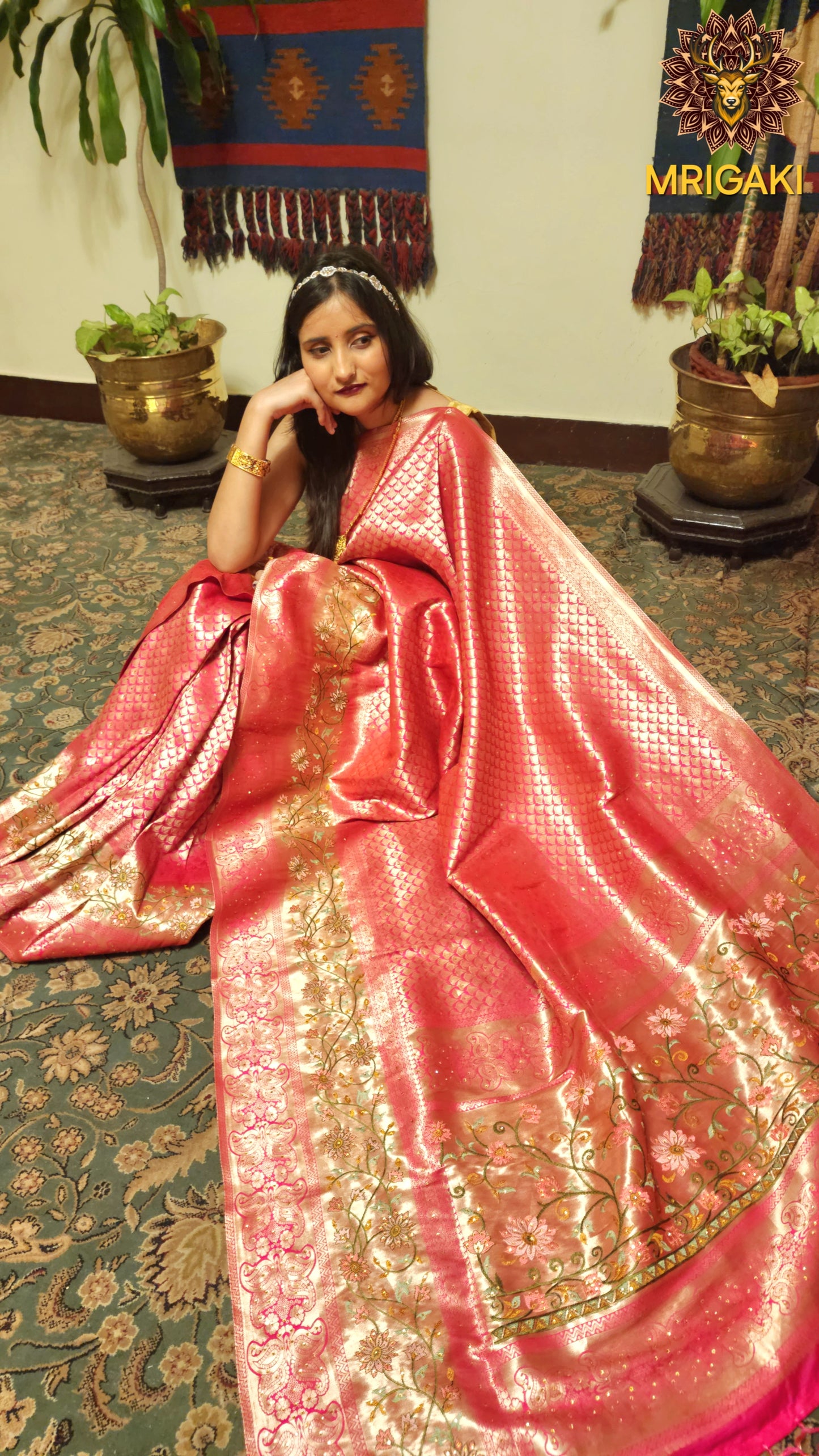 Pink Color Satin Silk Brocade saree with flower pattern border & pallu, Swarovski work all over