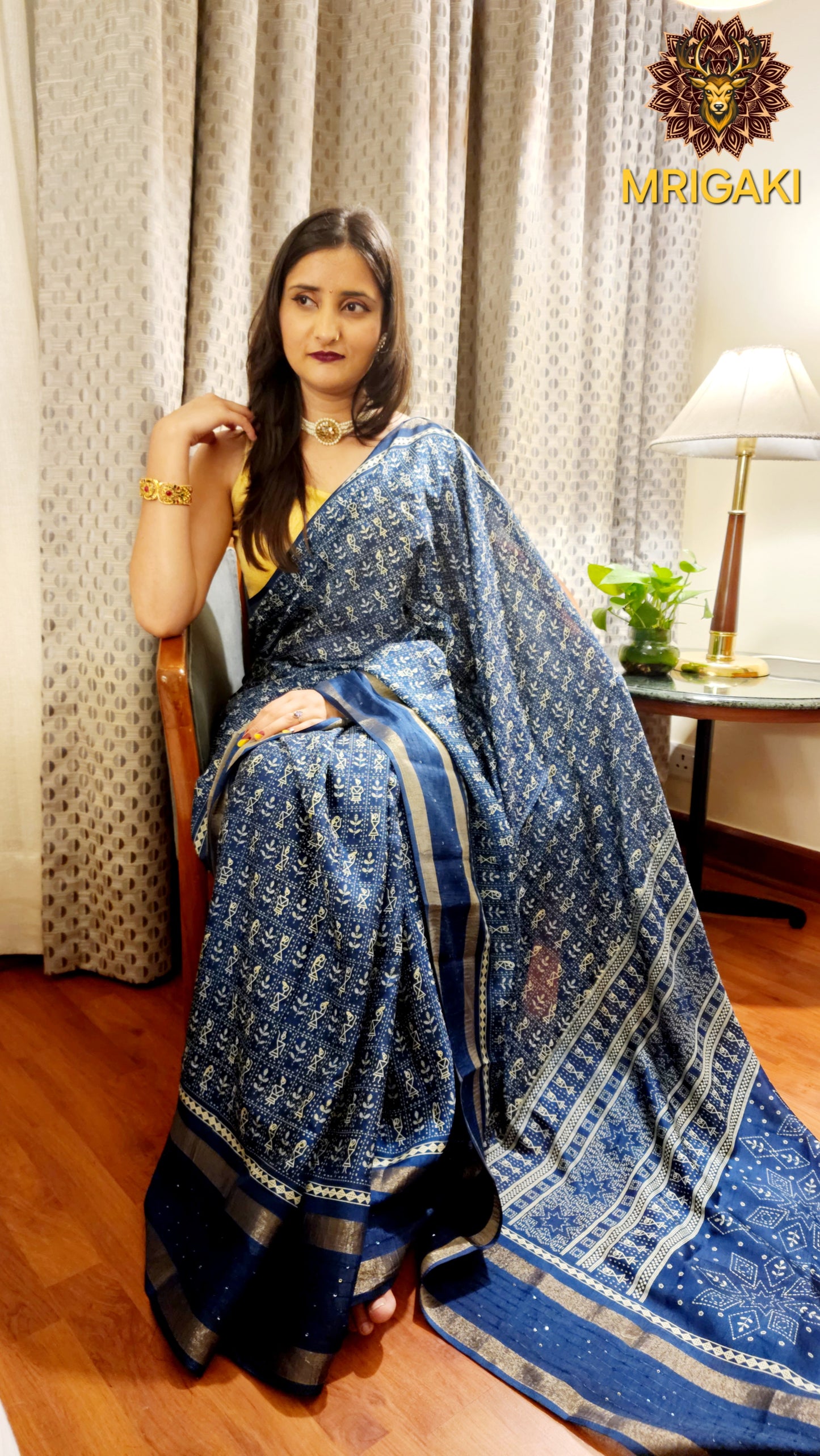 Royal Blue Color Sequence Warli Print Chiffon Saree with woven border & printed blouse-piece