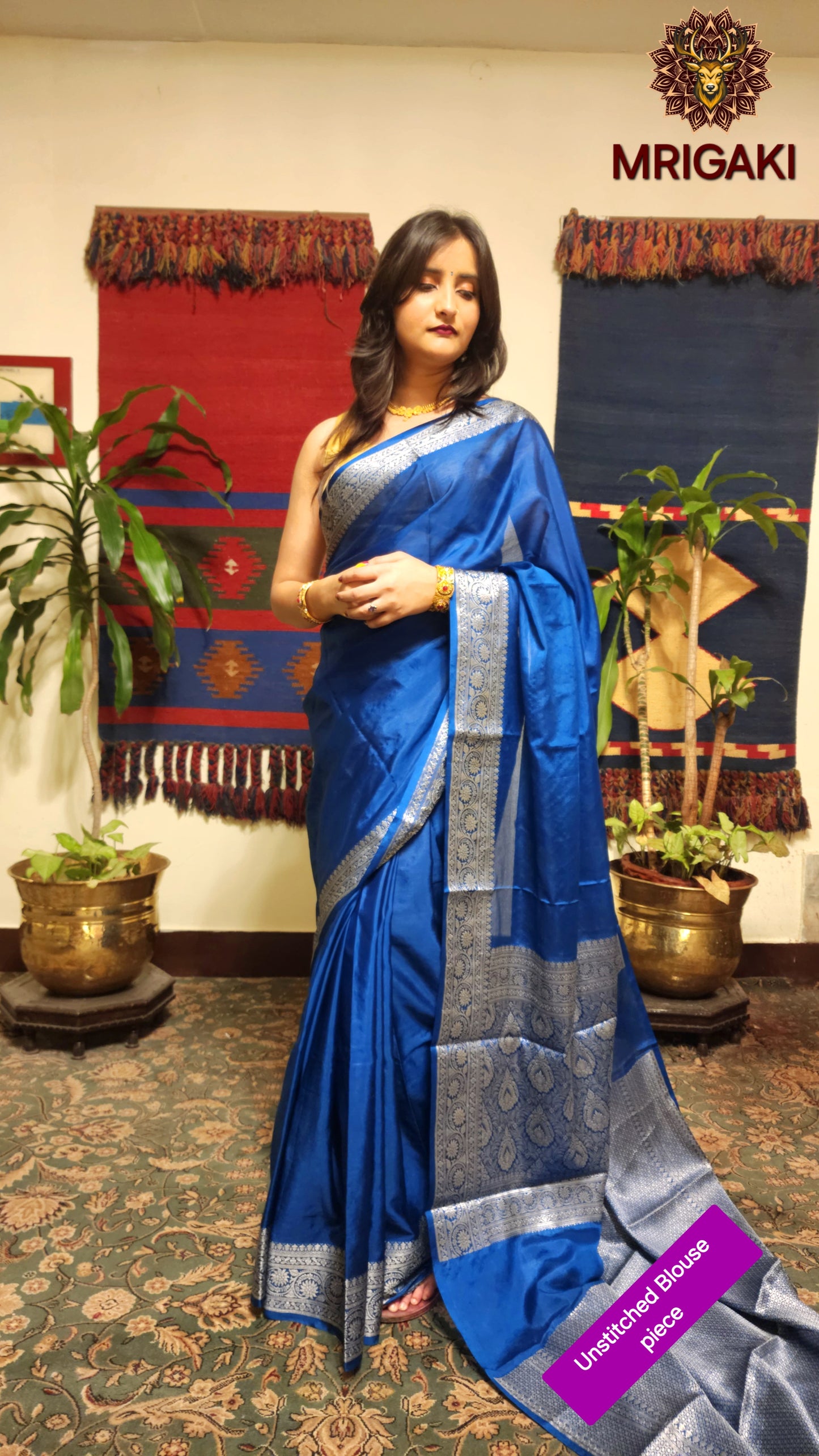 Soft Silk Plain Royal Blue color Banarasi Saree with Silver color Zari border & Pallu