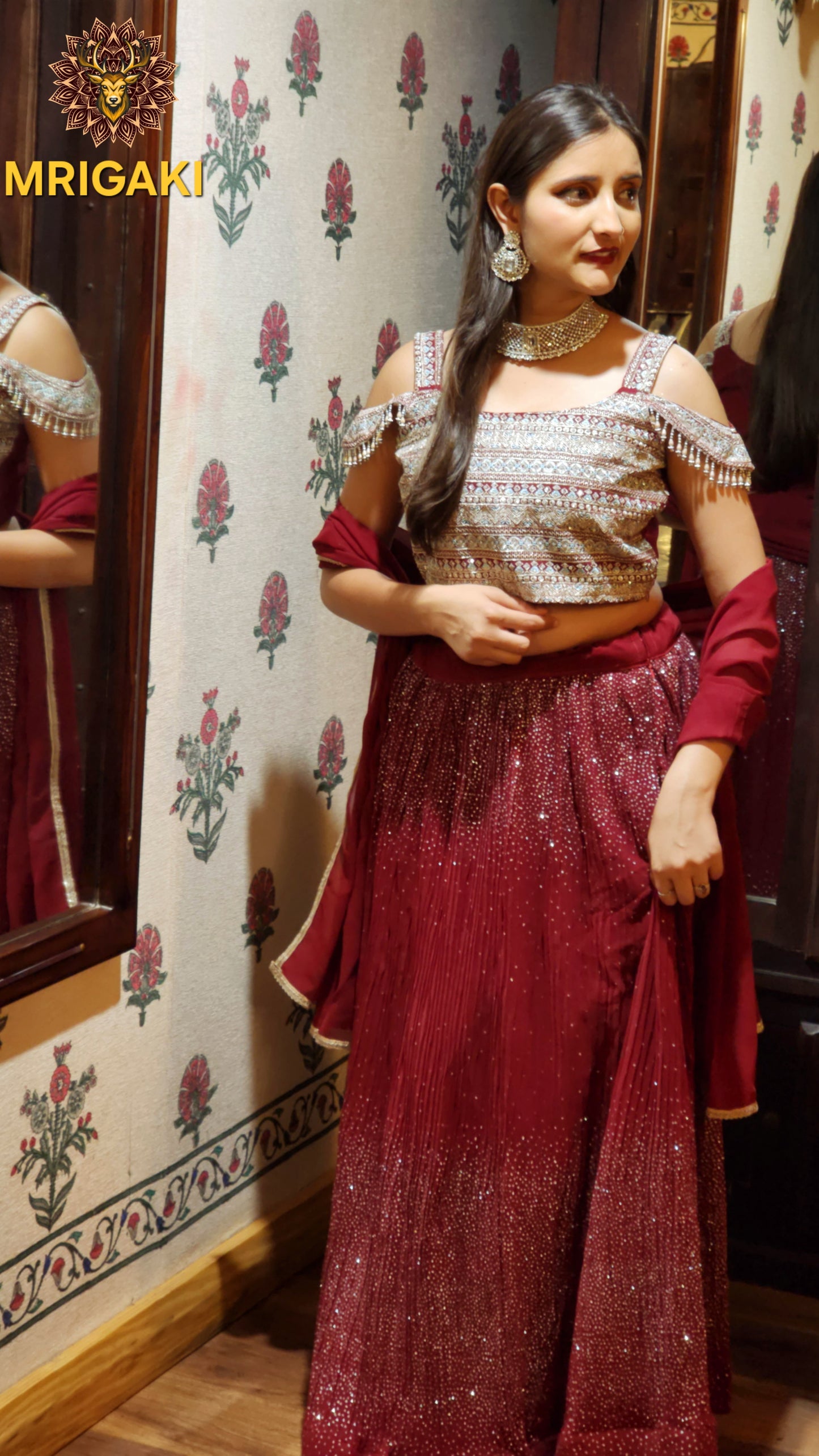 Gorgeous Maroon Silver Contrast Georgette Lahenga with Heavy All over work Crop-top, Stylish sleeves