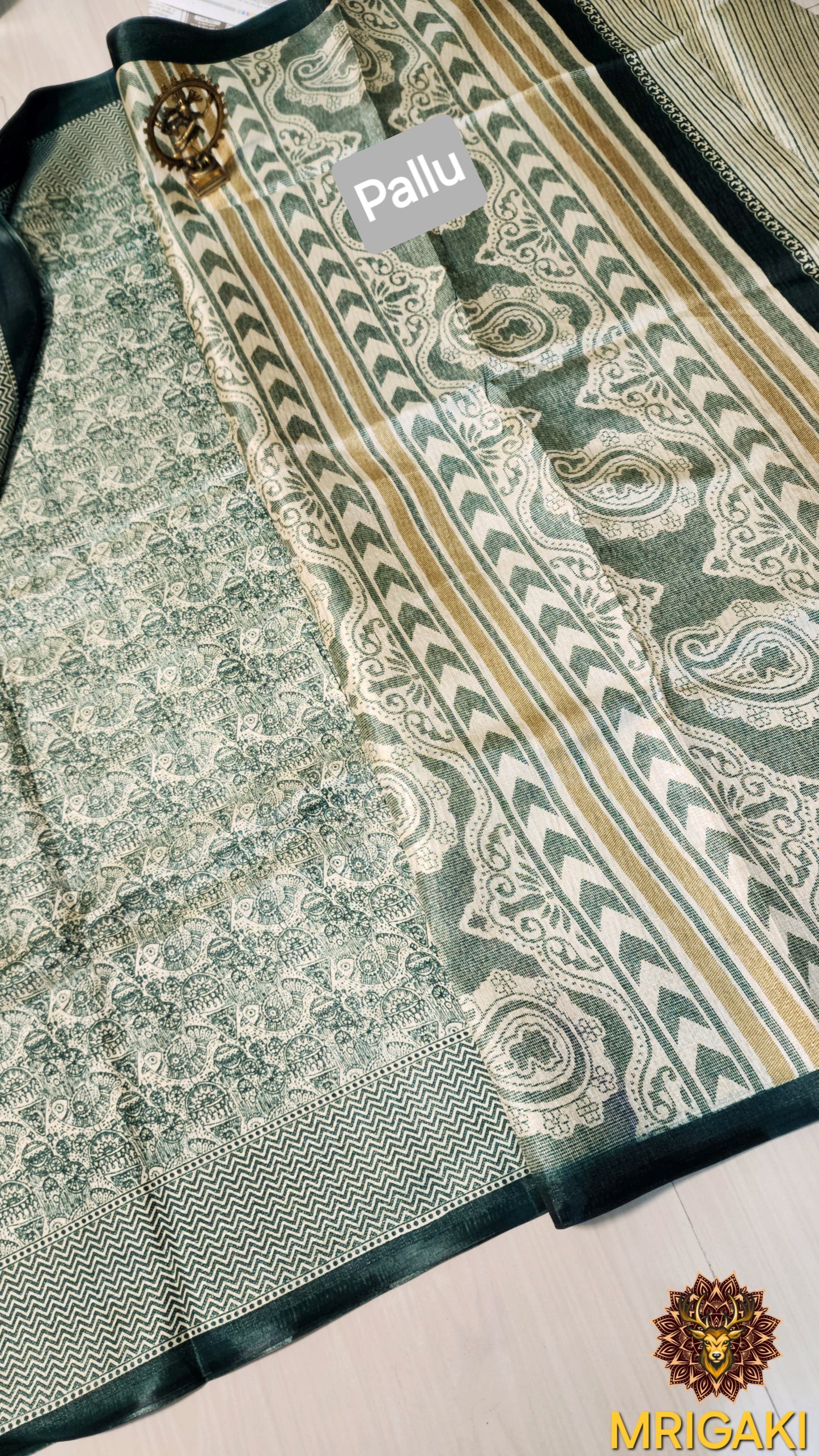Rama Green & Beige base color Madhubani Art Khadi Bamboo Handloom Saree