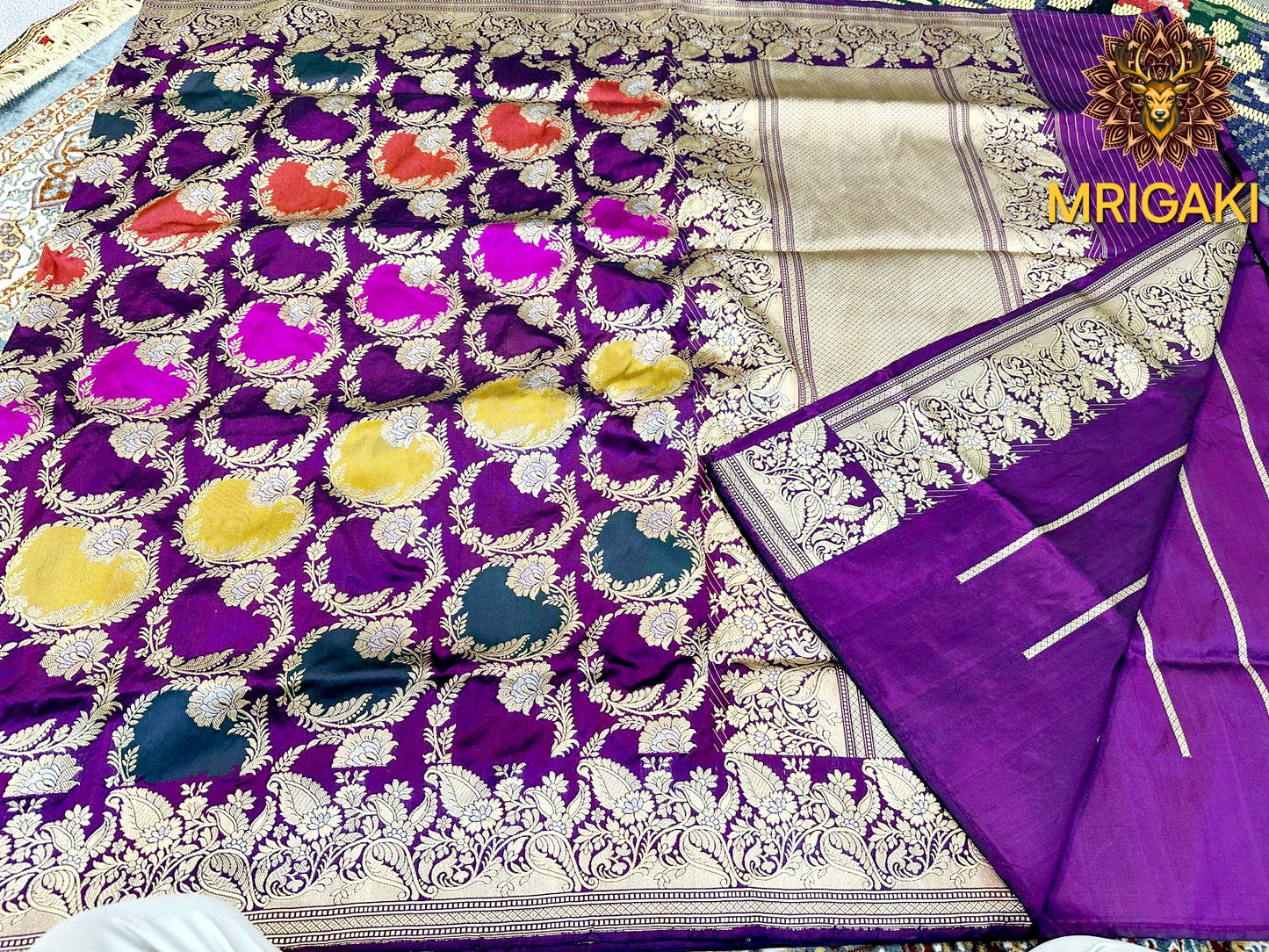 (Only on Pre-Order) Pure Katan Silk Handloom Dark color combo Ring pattern Rangkat Banarasi Saree with Minakari work on borders & pallu