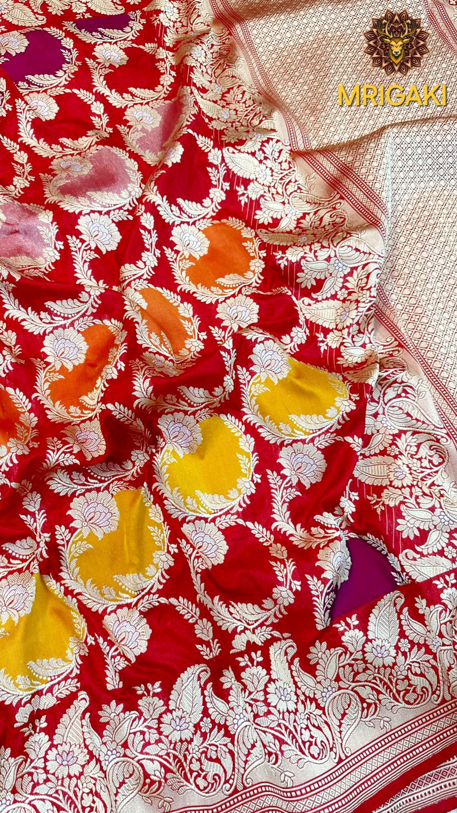 (Only on Pre-Order) Pure Katan Silk Handloom Colorful Rings pattern Rangkat Banarasi Saree with Minakari work on borders & pallu