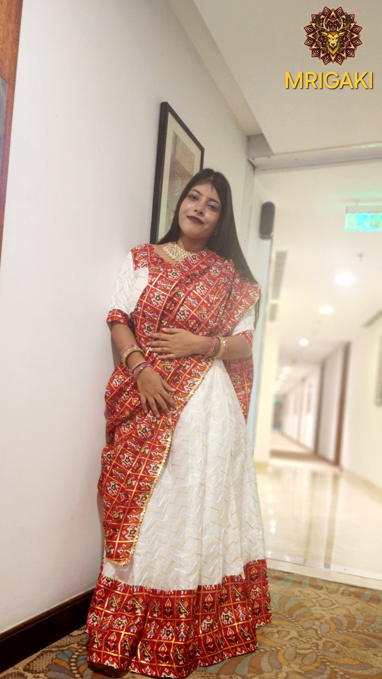 Pure Rayon Cotton Gujrati Patola print patch work border Lahenga Choli in Red & White contrast colors with Dupatta