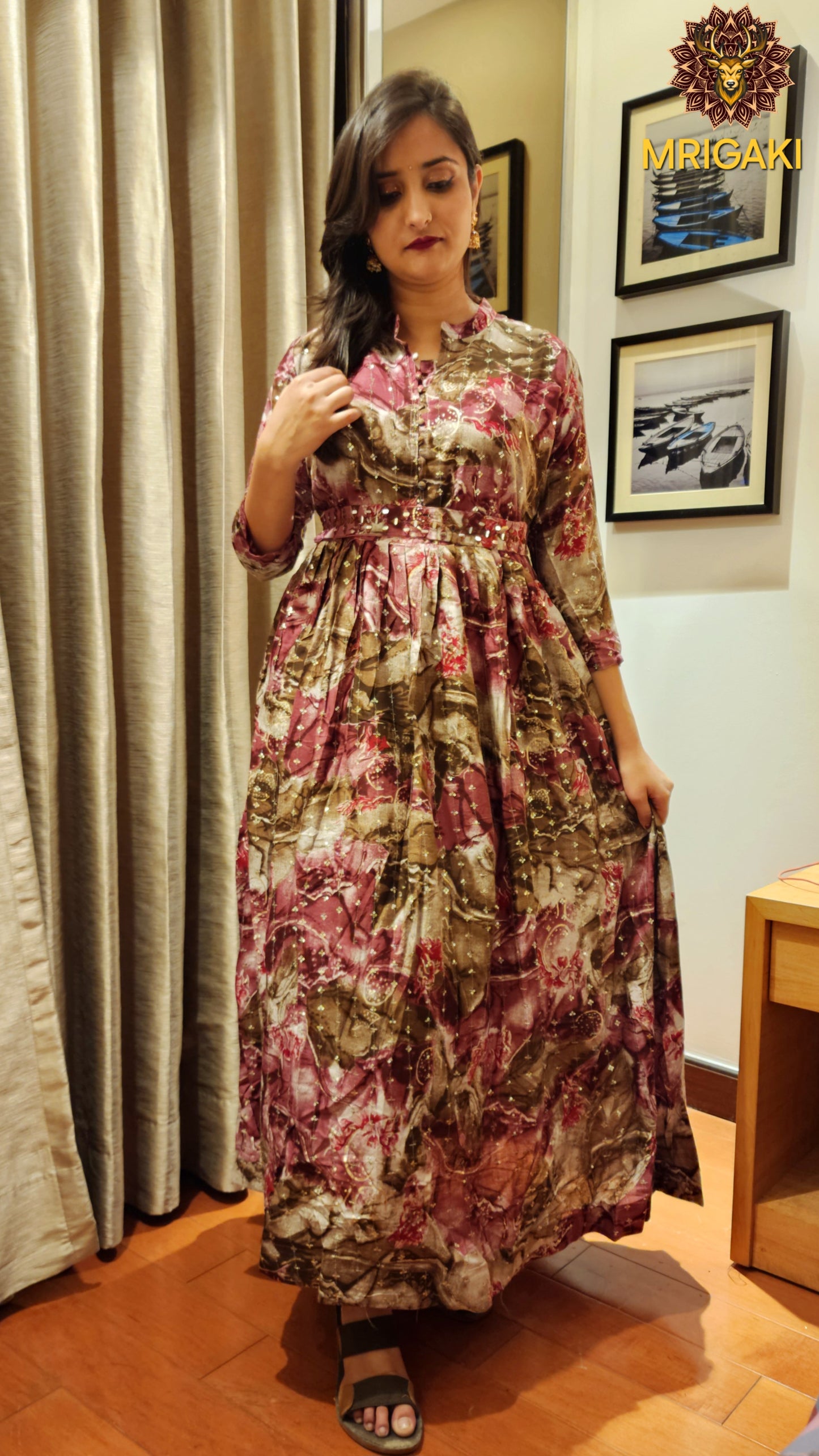 Purple Base GULKANYA Style Premium Floral Gown with Belt