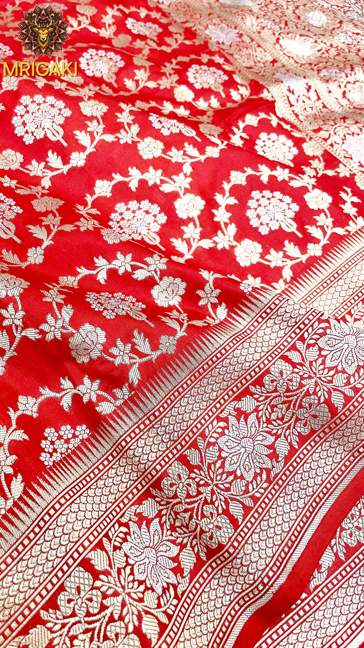 (Only on Pre-Order) Pure Katan Silk Handloom Sona Rupa Jangla Banarasi Saree in Bridal Red base color