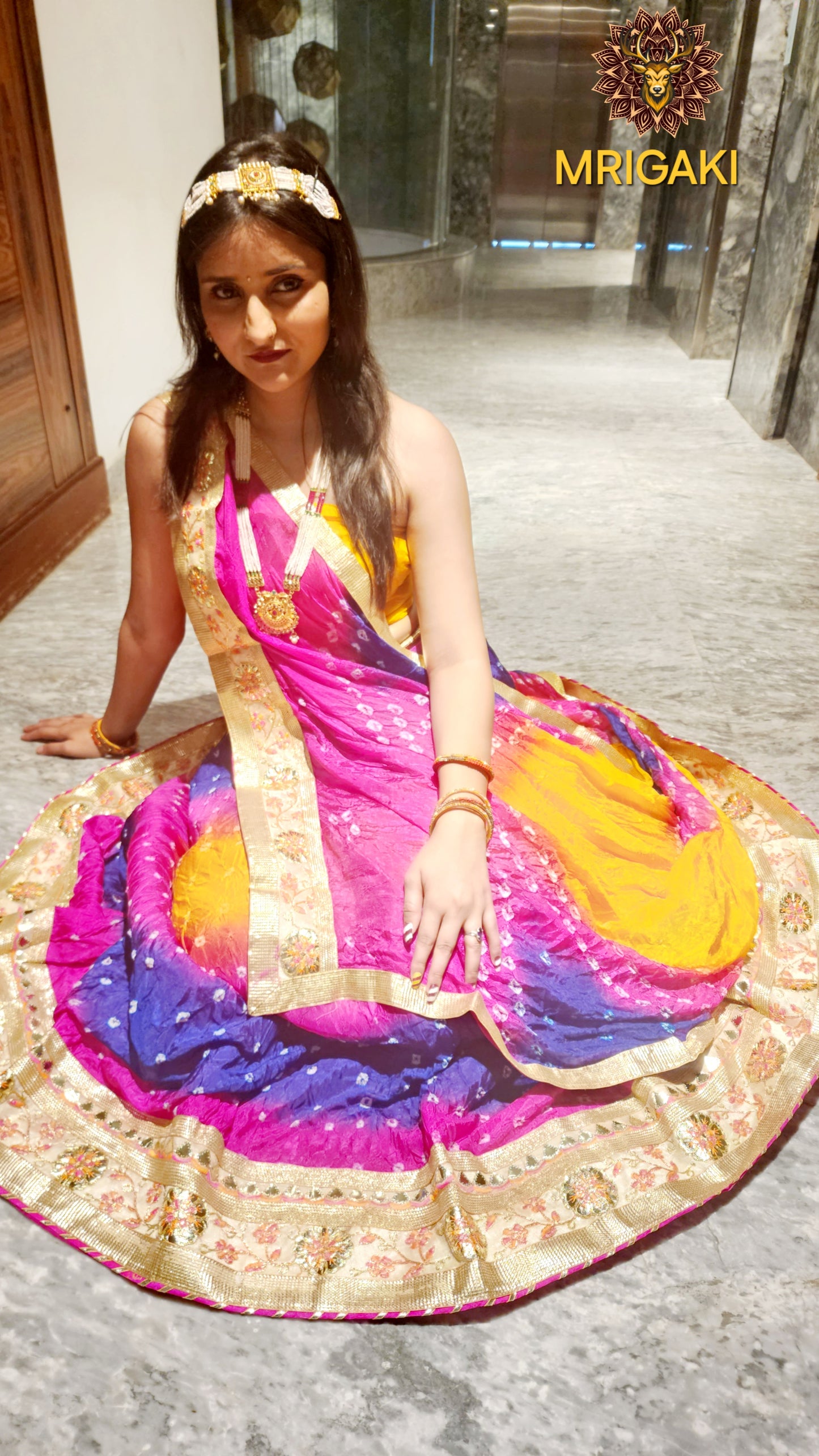 Gota patti Embellished Rajasthani Bandhani Semi-stitched Lahenga Choli in Yellow, Royal blue & Pink contrast colors