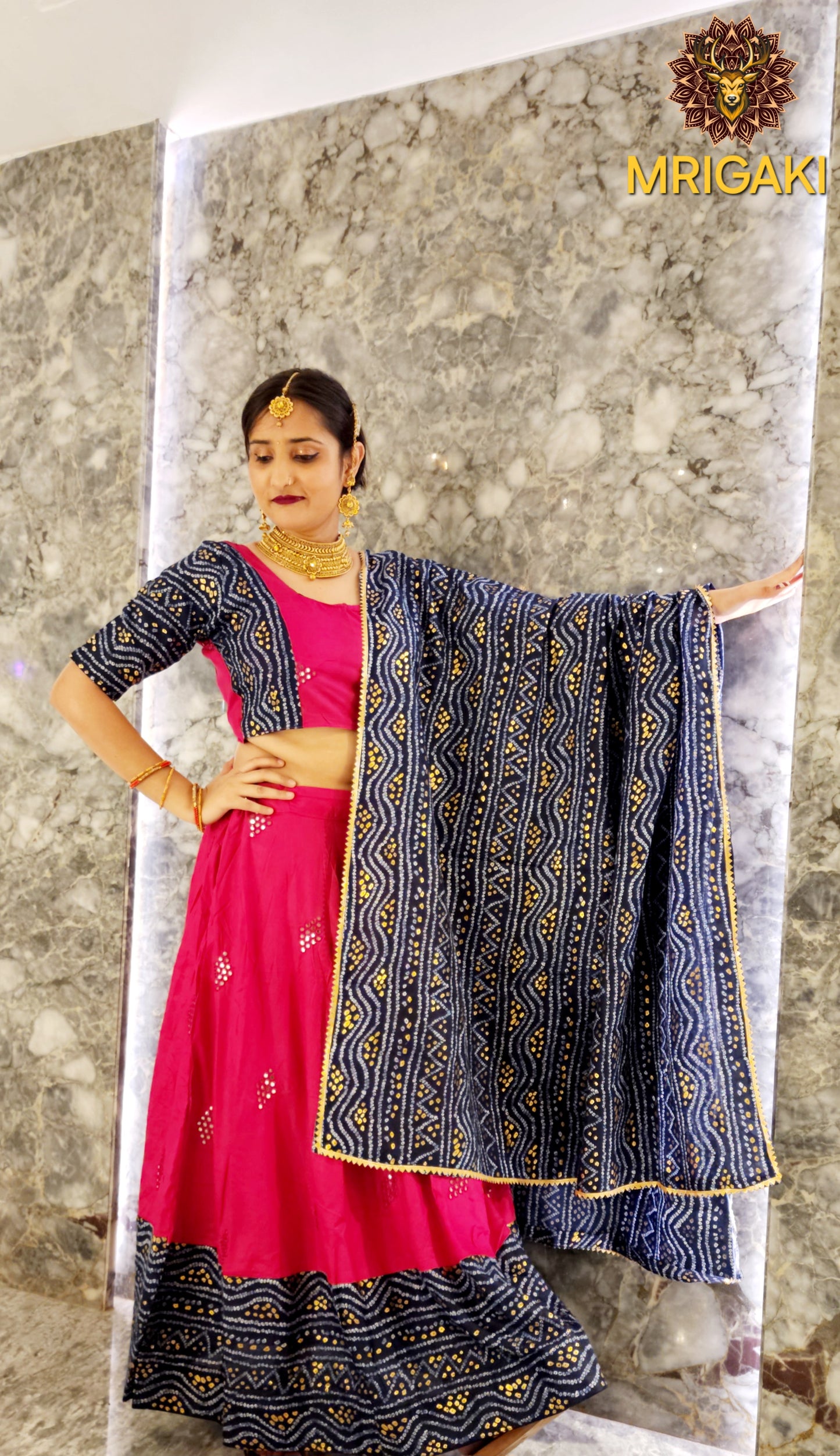 Rajasthani Elegant Mirror work Bandhani Lehenga Choli in Rani pink & Royal blue contrast colors, with Dupatta