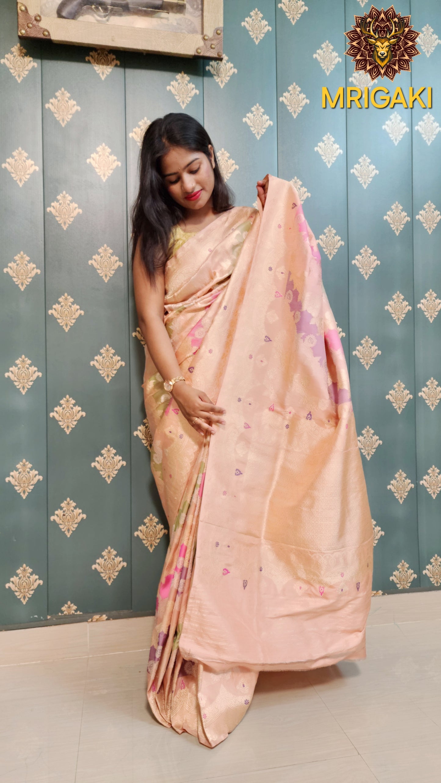 (Only on Pre-Order) Pure Katan Silk Handloom Laheriya pattern Rangkat Banarasi Saree with Minakari work on borders & pallu