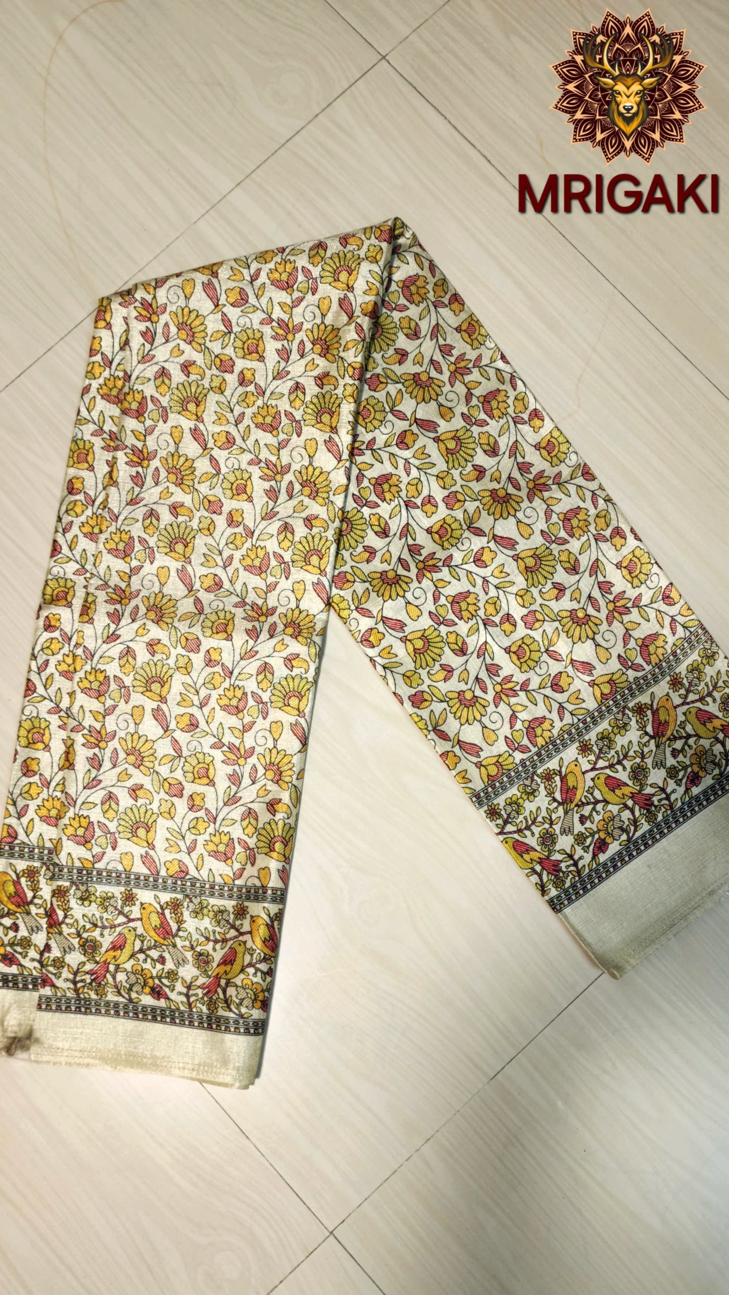 Beige base & Multi-color Bagh print Khadi Silk Fabric Stole/Dupatta with sparrow design border