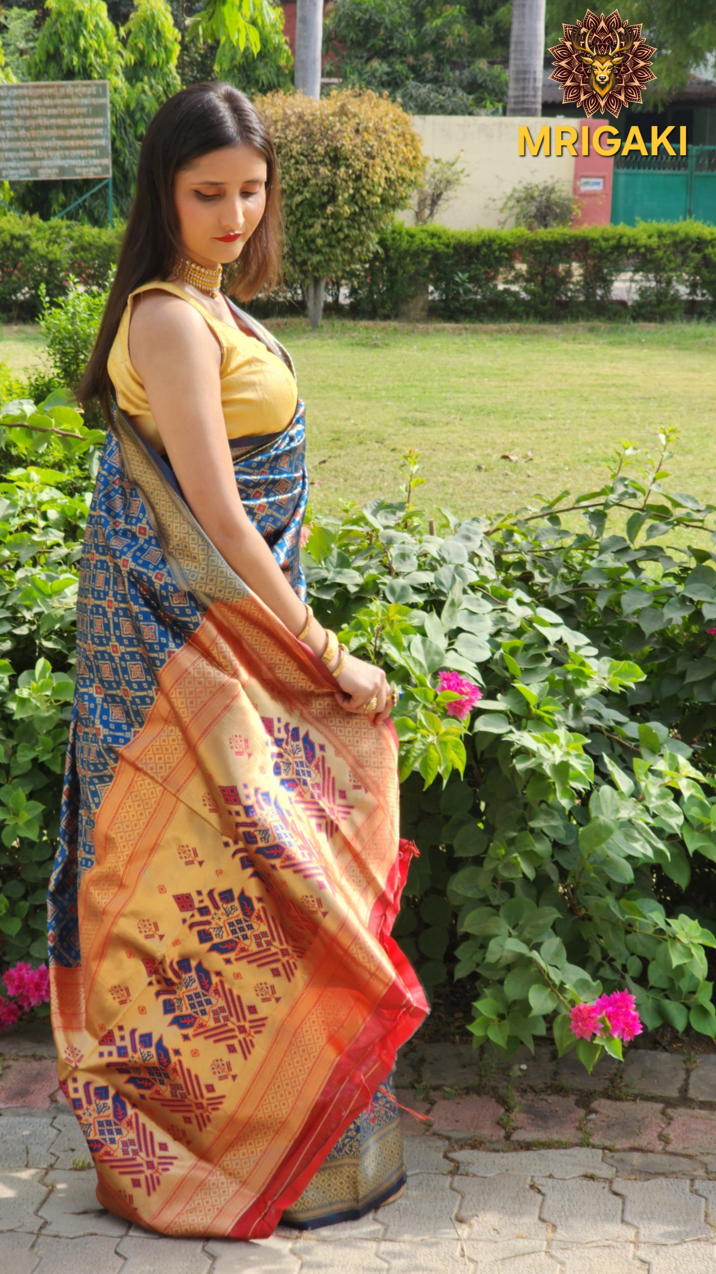 Warm Silk Saree in Dark Blue color with Red contrast, Patola print All over & on Pallu