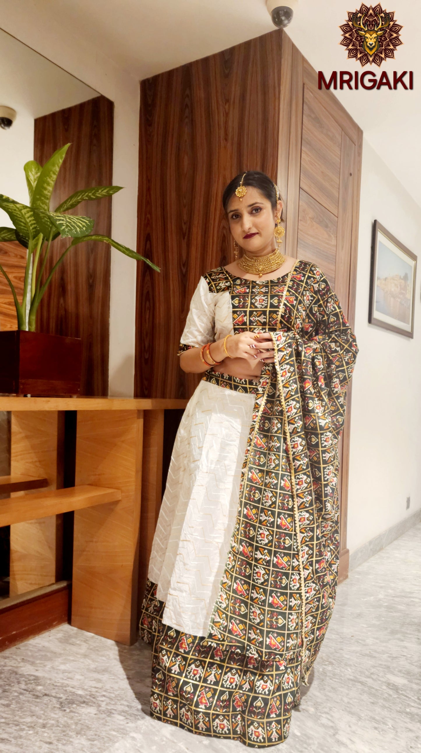 Pure Rayon Cotton Gujrati Patola print patch work border Lahenga Choli in Rama green & White contrast colors with Dupatta