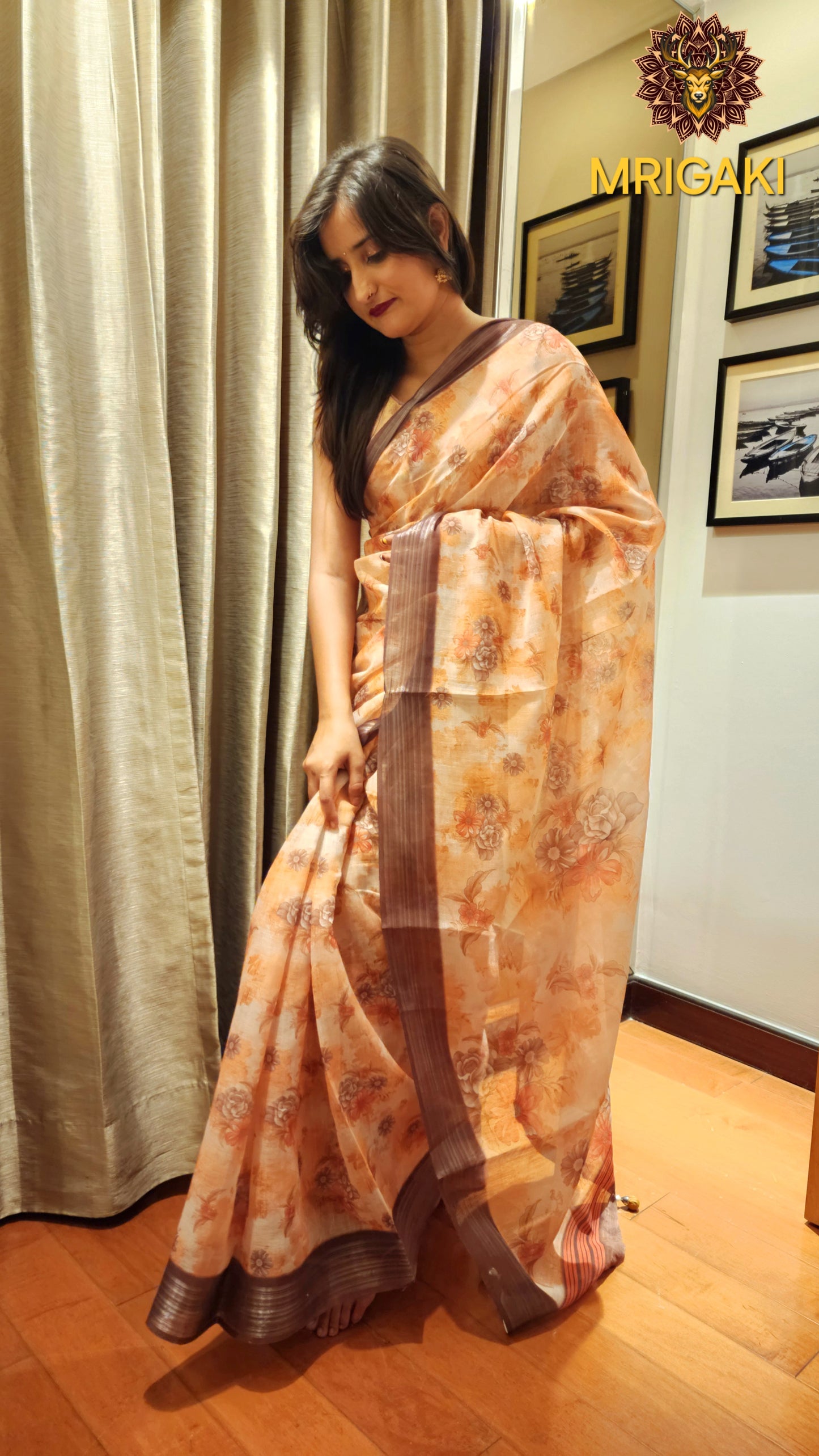 Light Brown Base Linen Saree with digital print Flowers design all-over, dark brown border