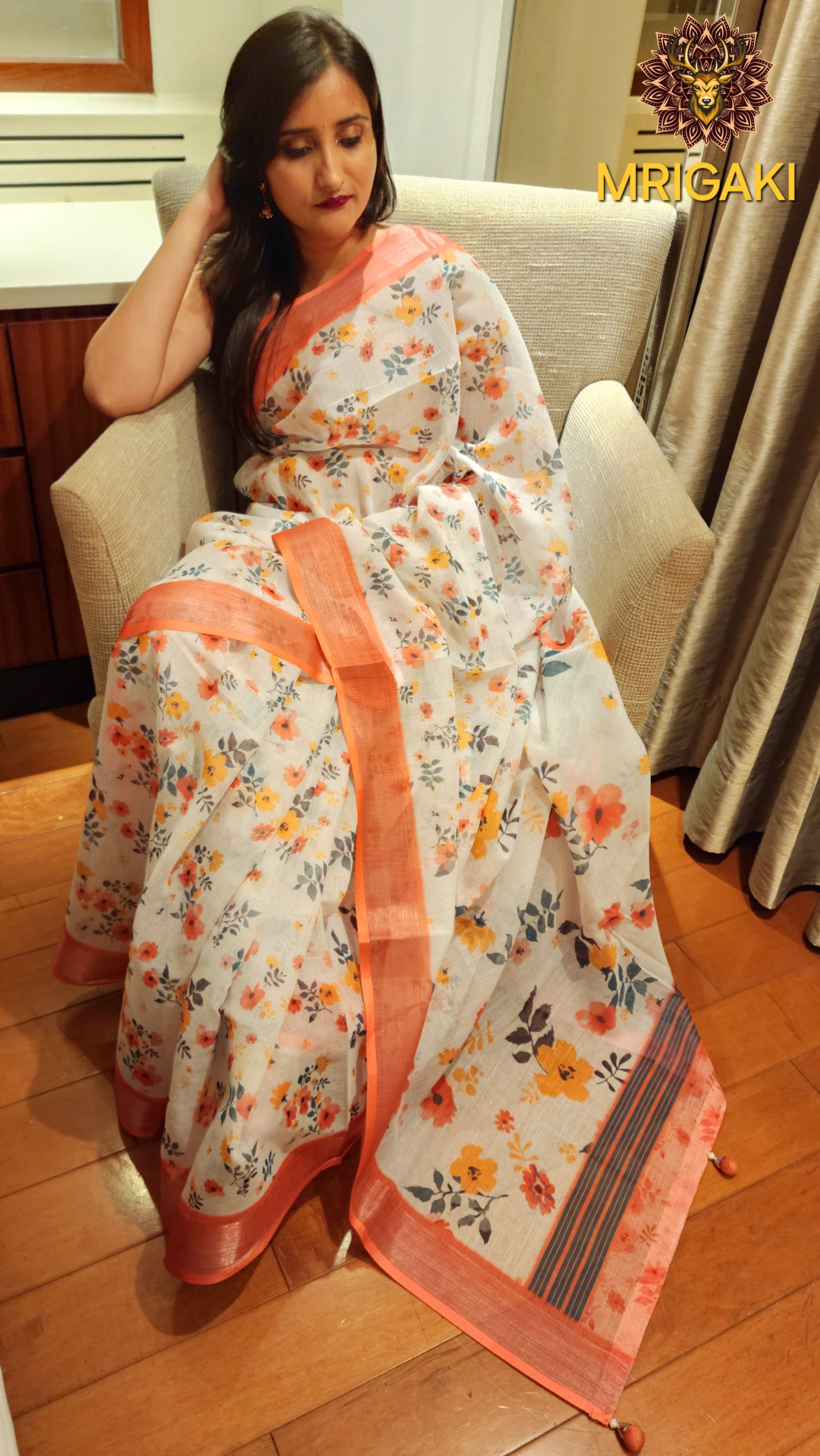 Light Brown Base Linen Saree with 3D Flowers digital print all-over, Brown border with Pom-Pom on pallu