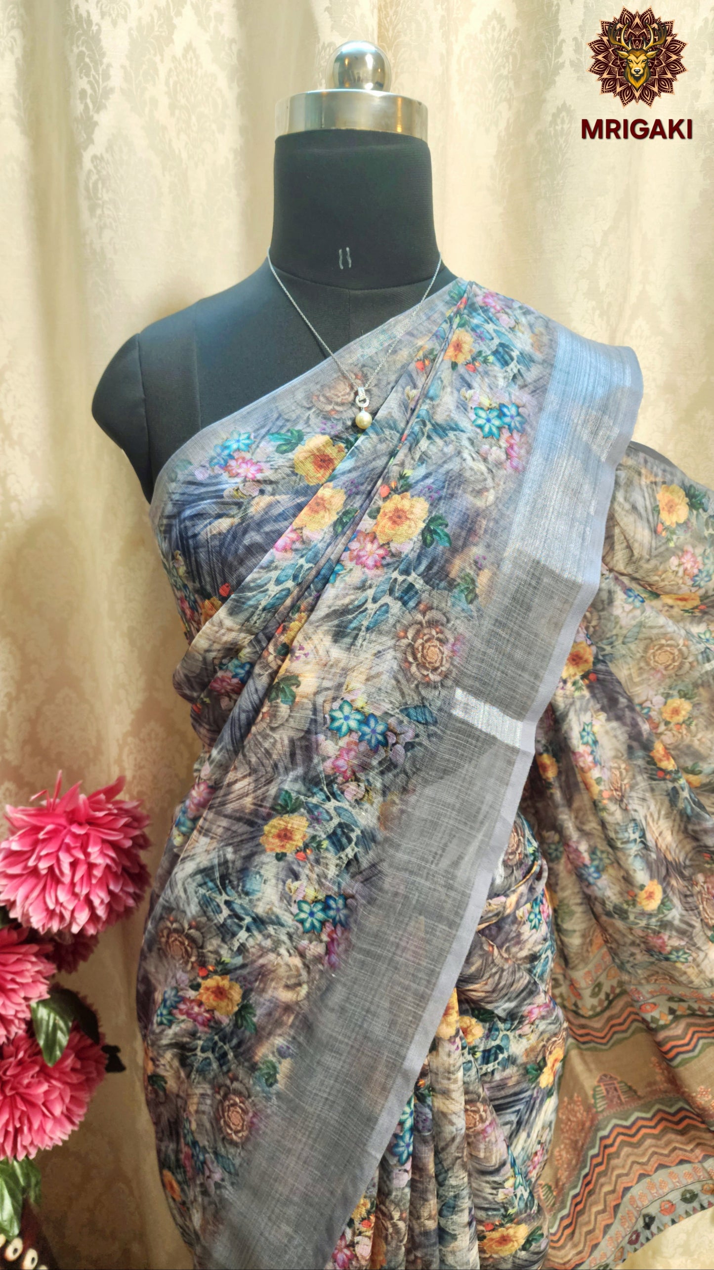 Abalone Grey Linen Saree with Multicolor Digital Print