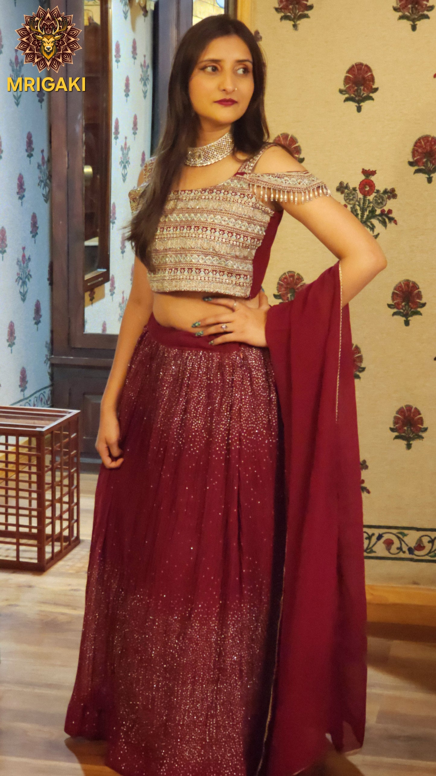 Gorgeous Maroon Silver Contrast Georgette Lahenga with Heavy All over work Crop-top, Stylish sleeves