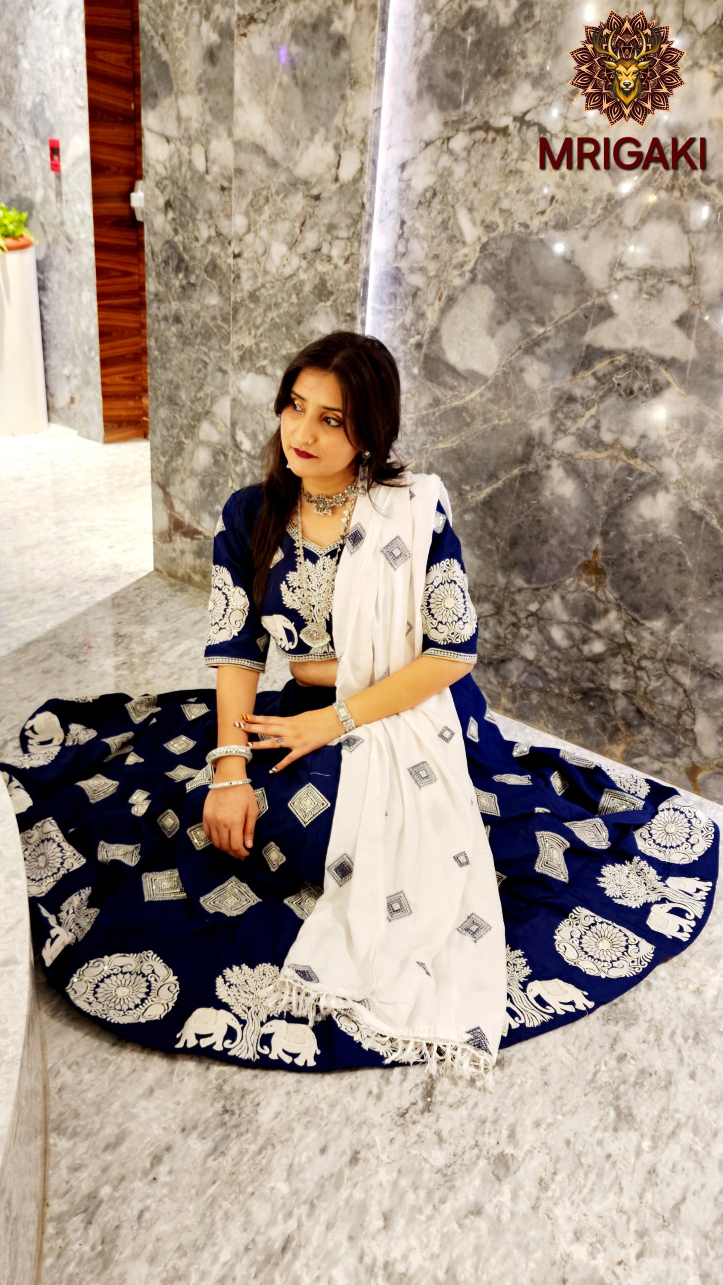 Women's Designer Trending Rajasthani Lahenga Choli with Elephant design thread work in Royal Blue White contrast colors