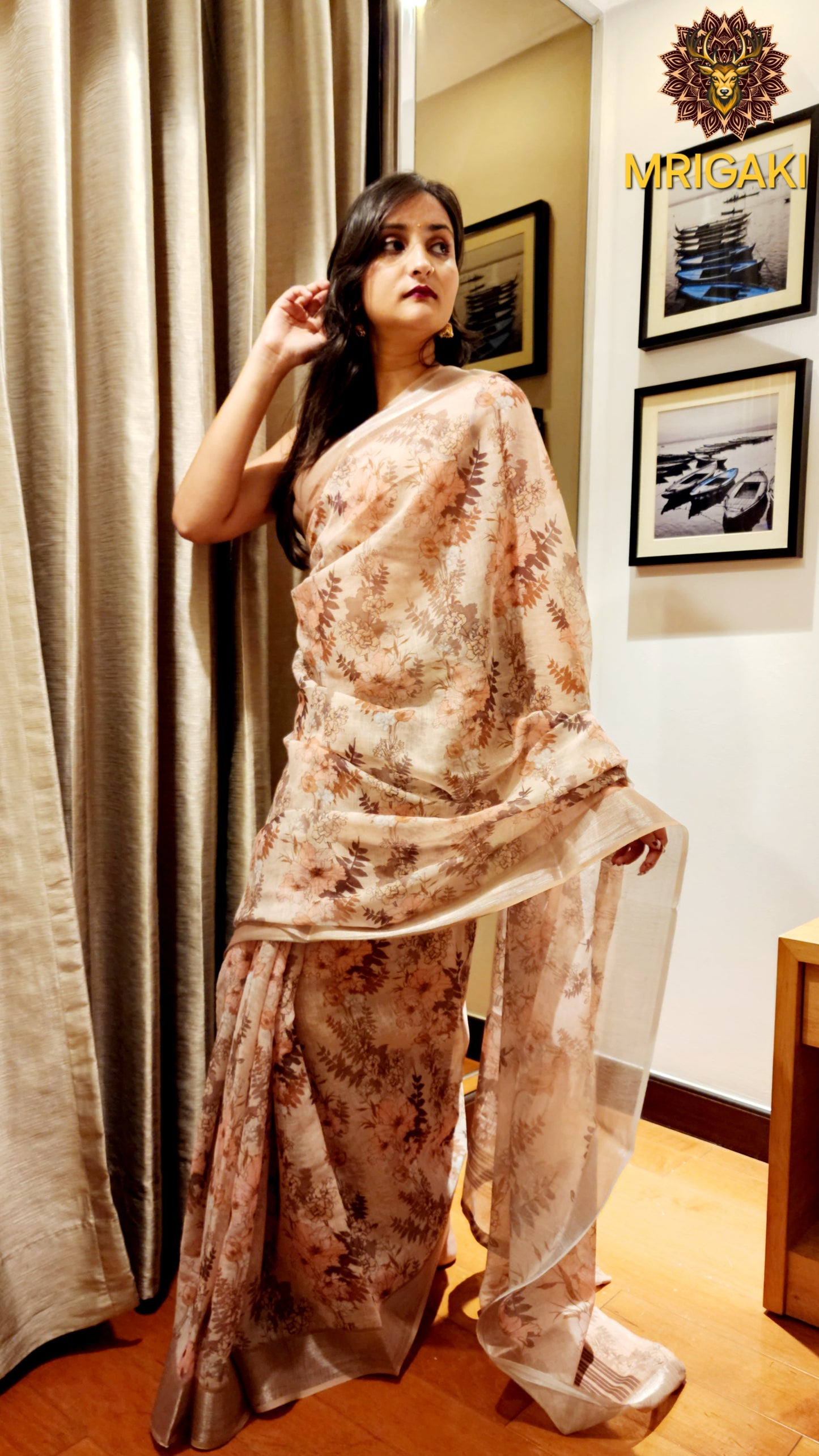Beige Base Linen Saree with Big flowers digital design all-over, light brown border with Pom-Pom on Pallu